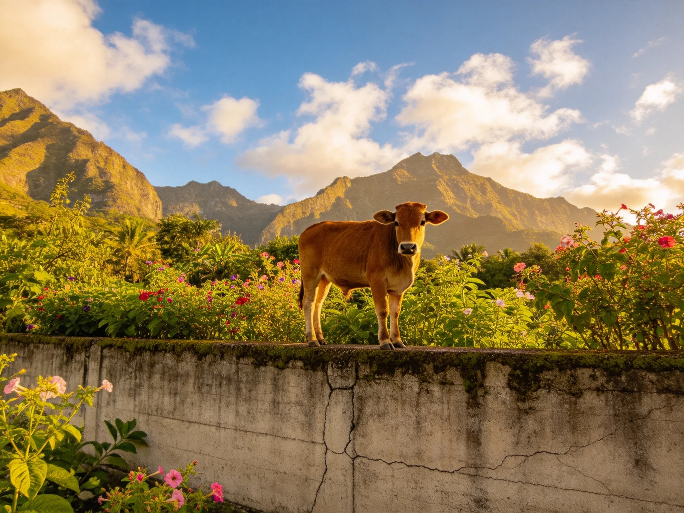 A brown calf stands atop a weathered concrete wall near vibrant flowers and mountain peaks