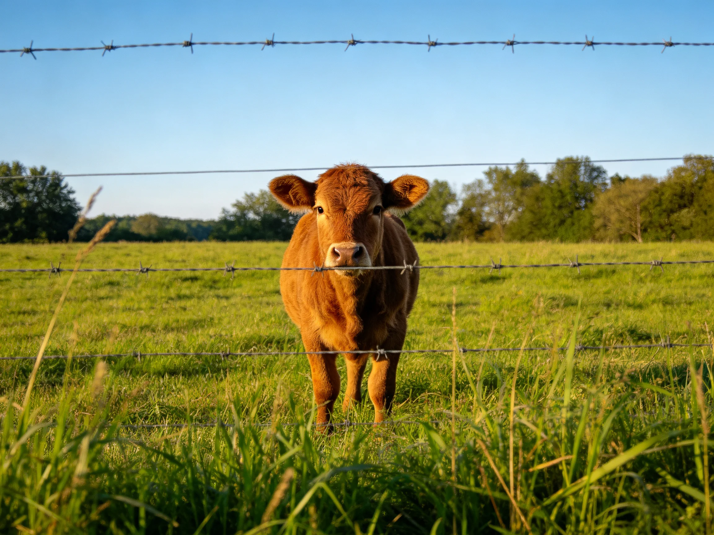 A brown calf stands behind barbed wire in a lush green pasture