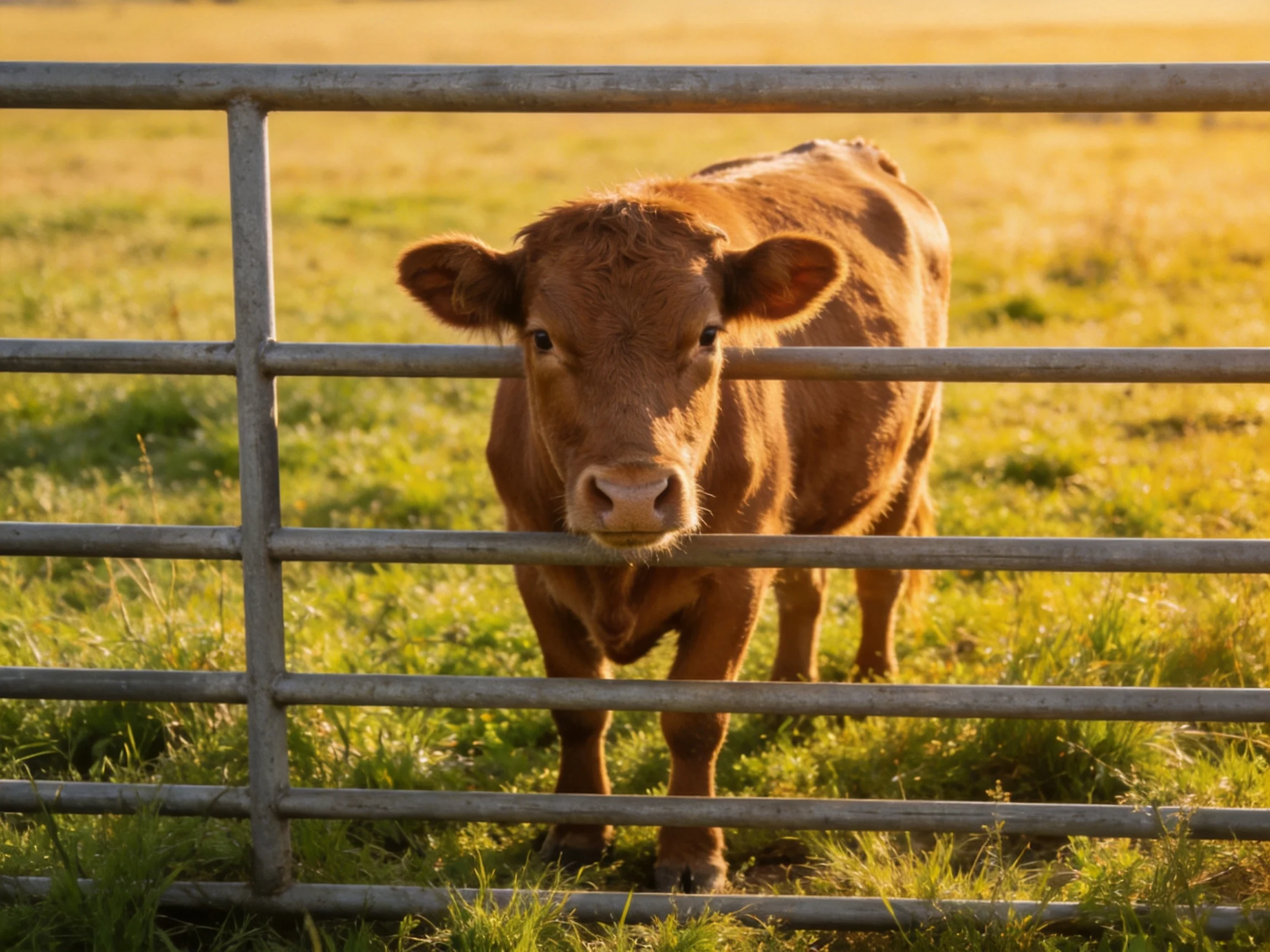 A brown calf stands behind silver metal bars in a sunlit pasture