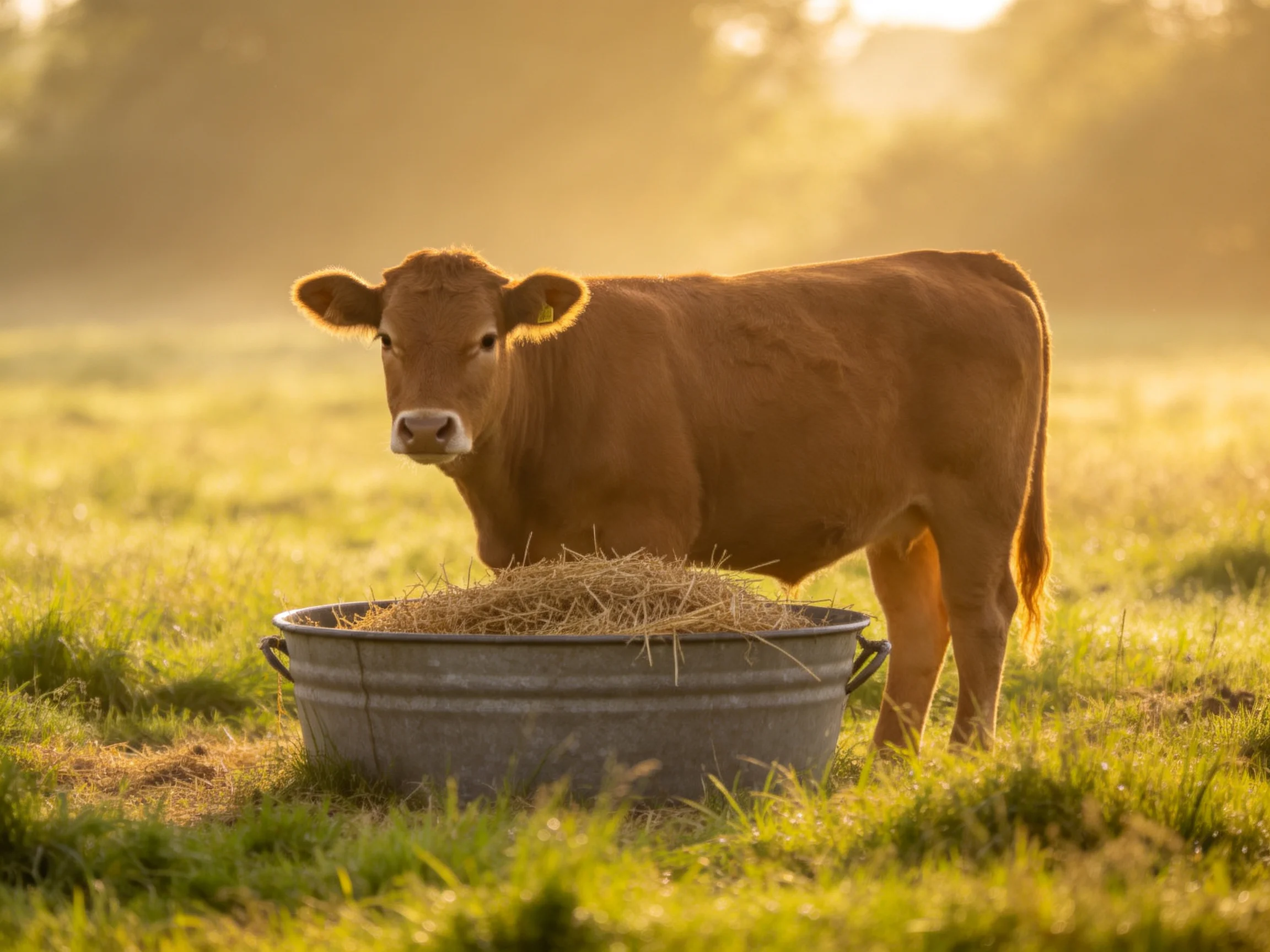 A brown calf stands beside a metal tub of hay in a sunlit field
