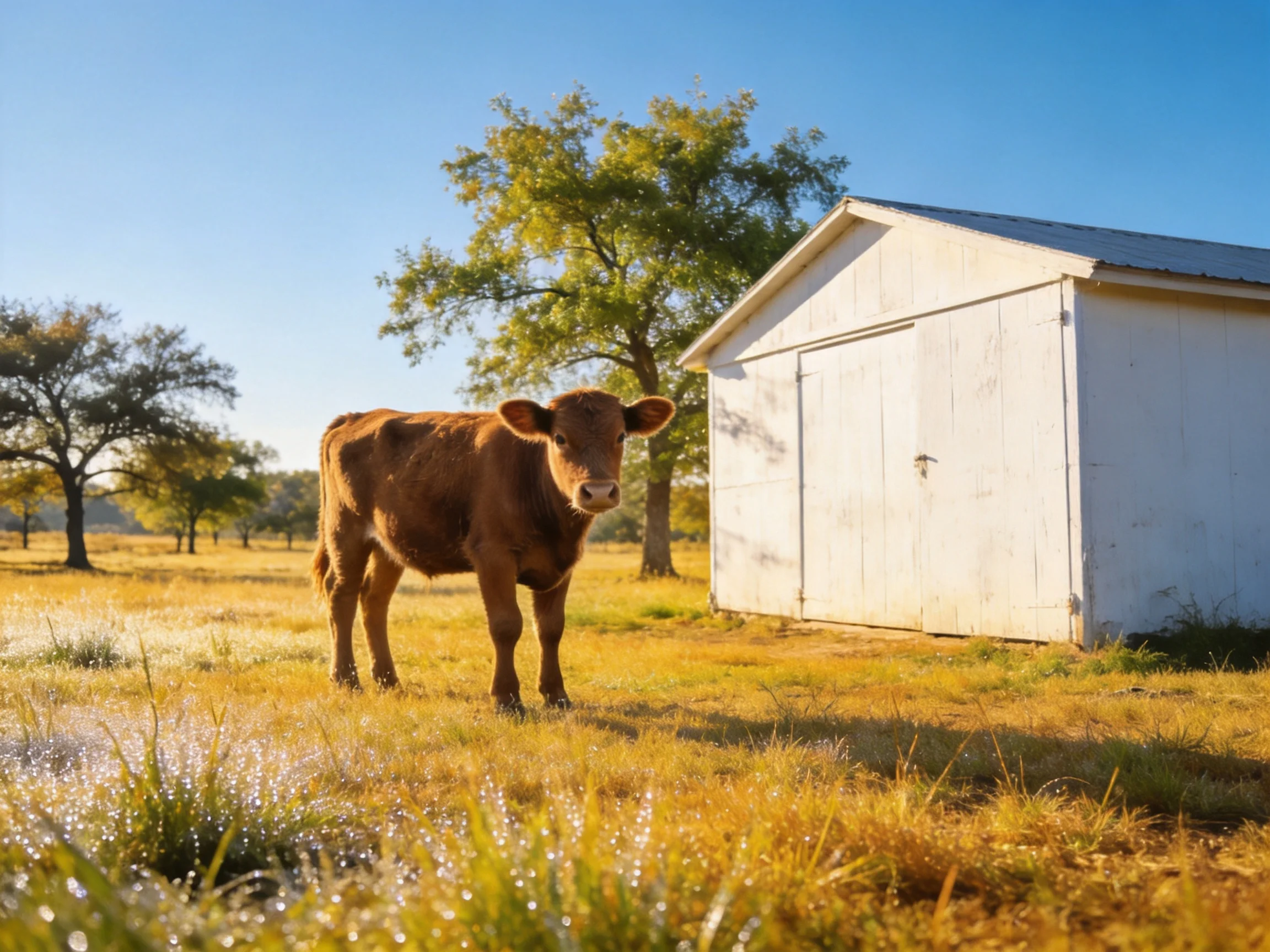 A brown calf stands beside a white shed in a sunlit golden field