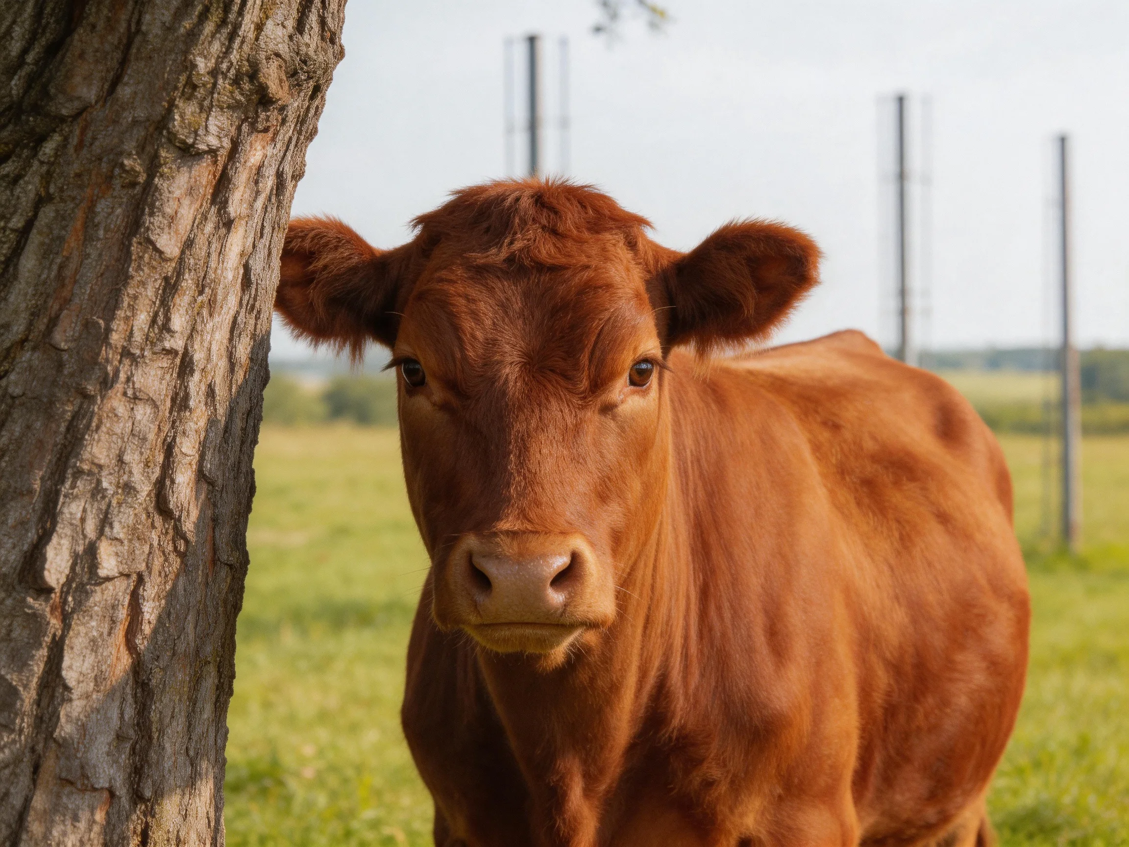 A brown calf stands beside an aged tree in a sunlit pasture