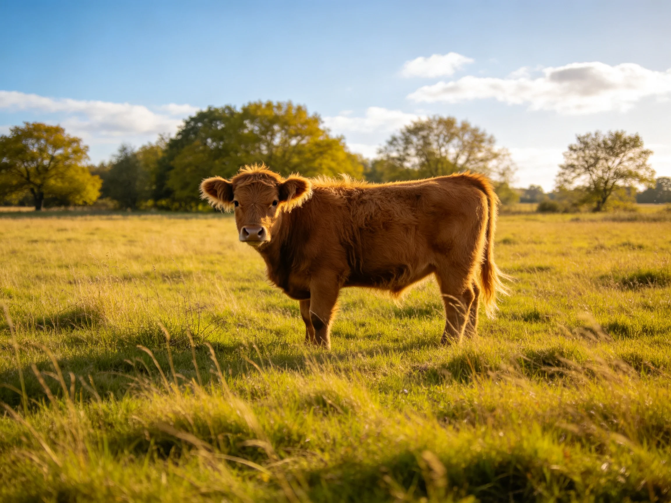 A brown calf stands in a sunlit meadow near trees.