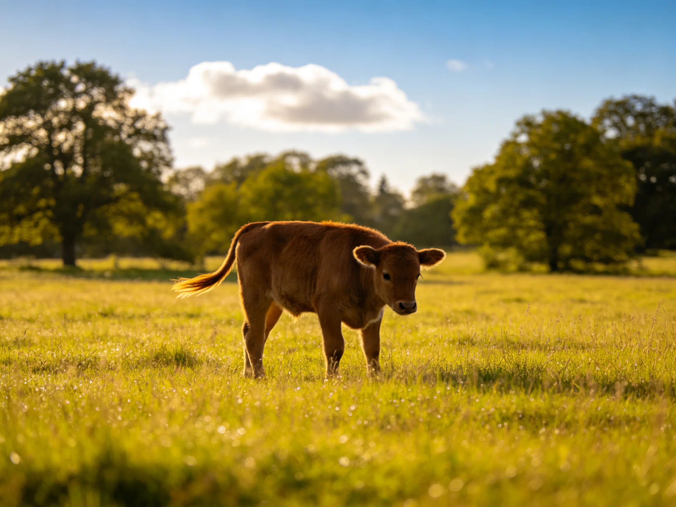 A brown calf stands in a sunlit green meadow with distant trees