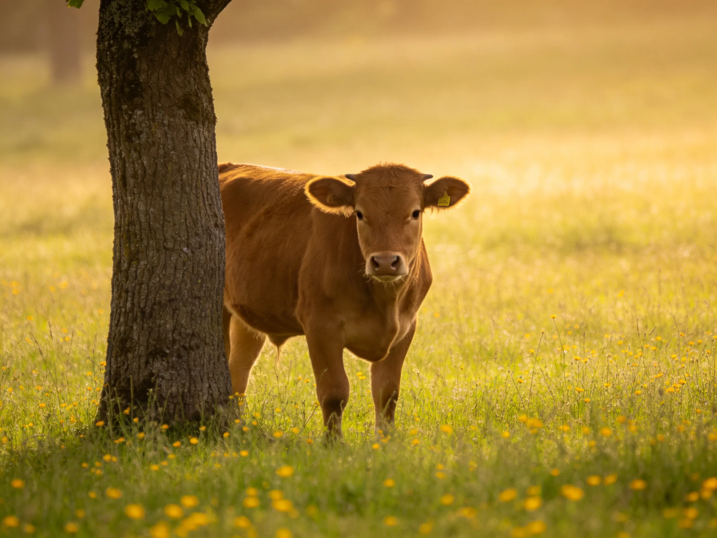 A brown calf stands near a tree in a golden flowered meadow