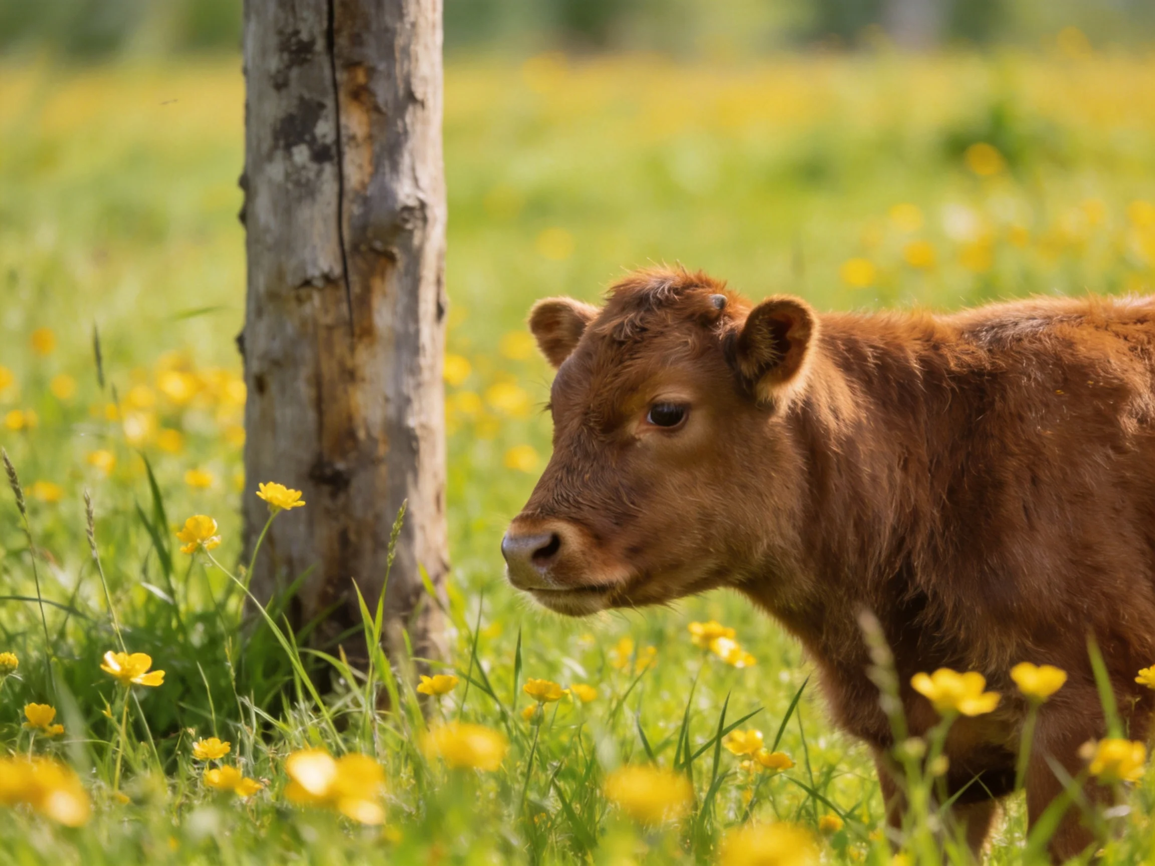 A brown calf stands near a weathered tree among vibrant yellow wildflowers