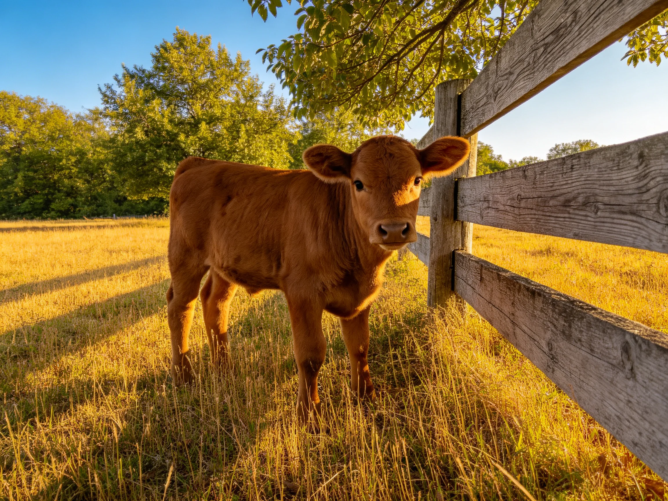 A brown calf stands near a weathered wooden fence in a golden field