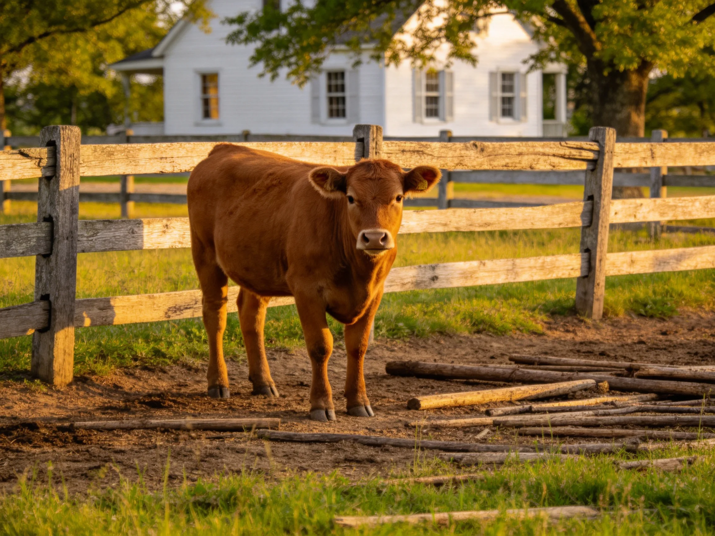A brown calf stands near a weathered wooden fence with a white farmhouse behind