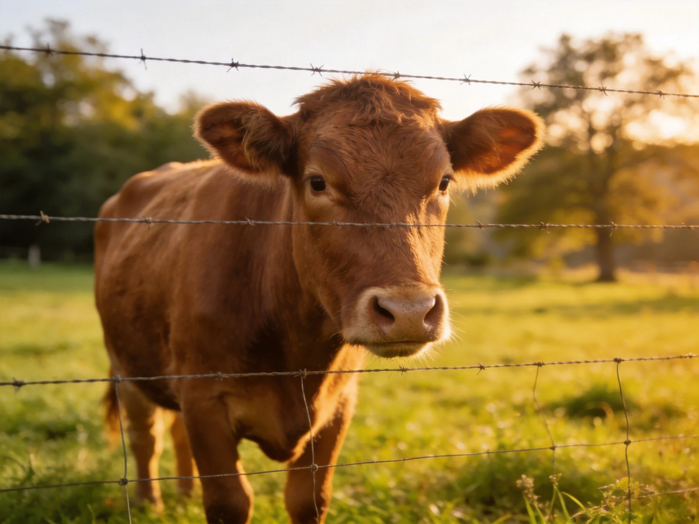 A brown calf stands near barbed wire fence in golden-hour pasture