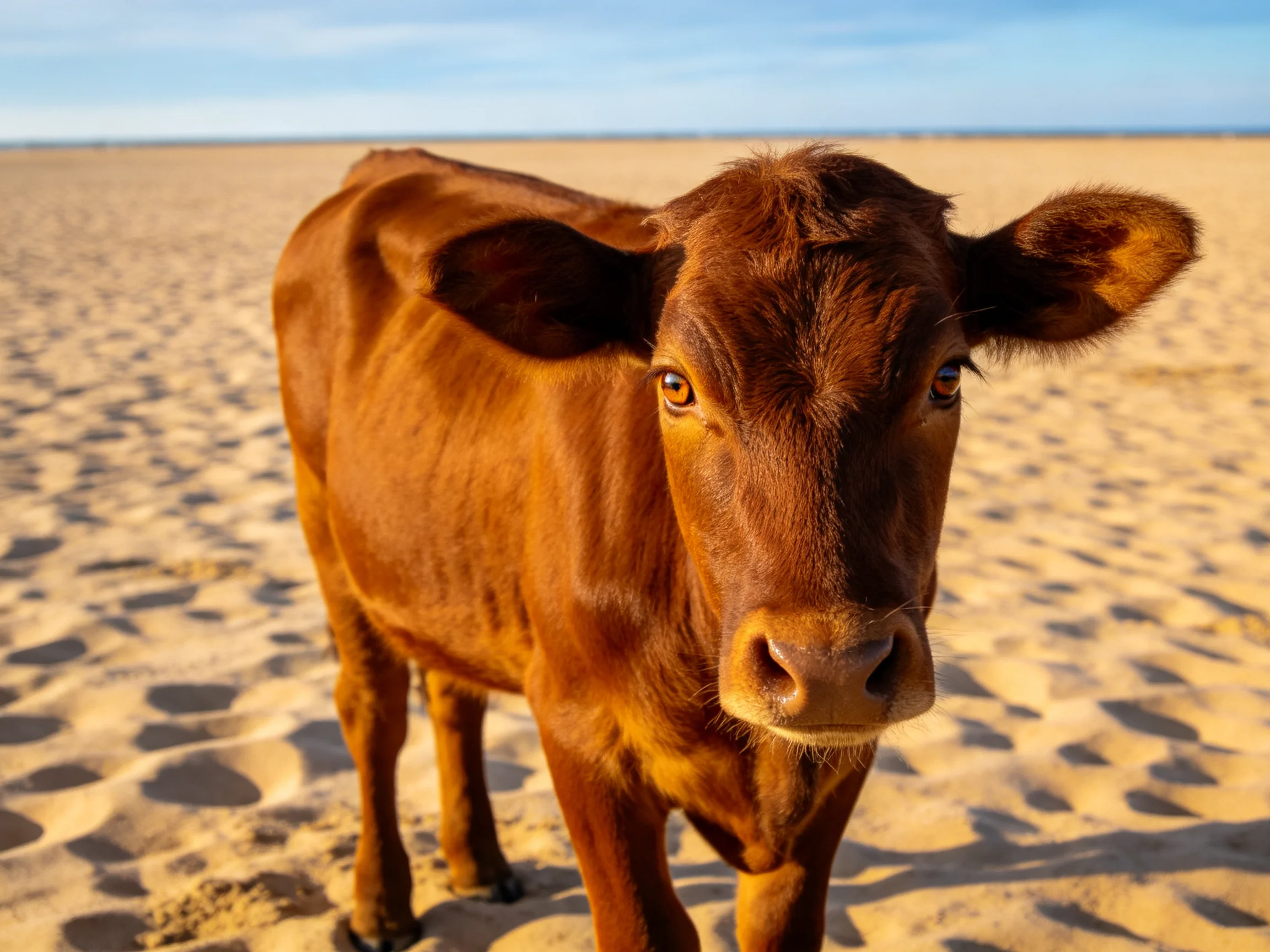 A brown calf stands on a sandy beach with golden sand and blue sky
