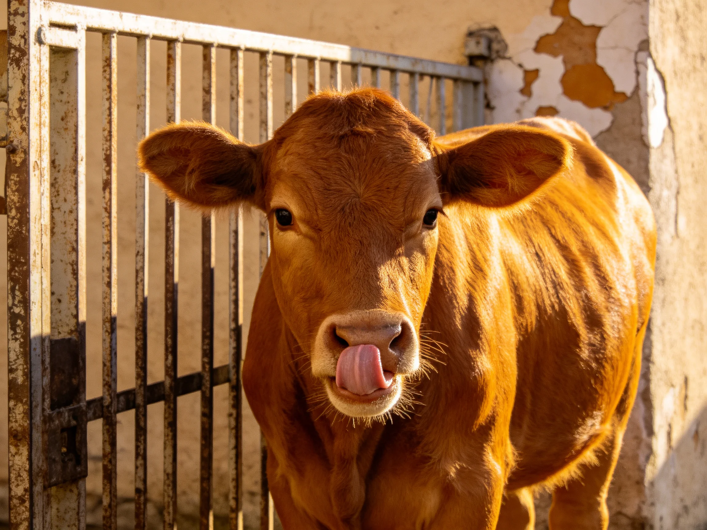 A brown calf sticks tongue out near an aged metal gate