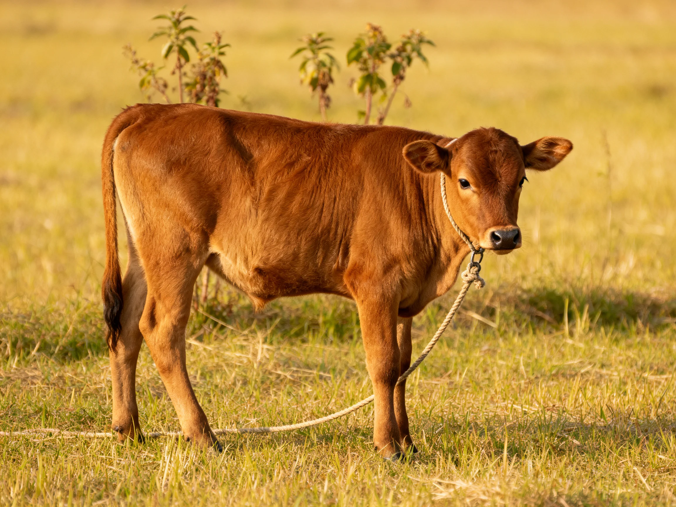A brown calf tied by rope in a sunlit grassy field