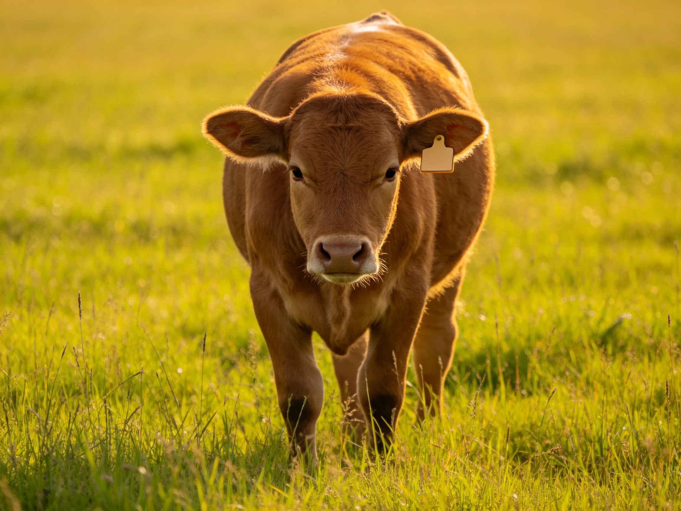 A brown calf walks through a sun-drenched green pasture