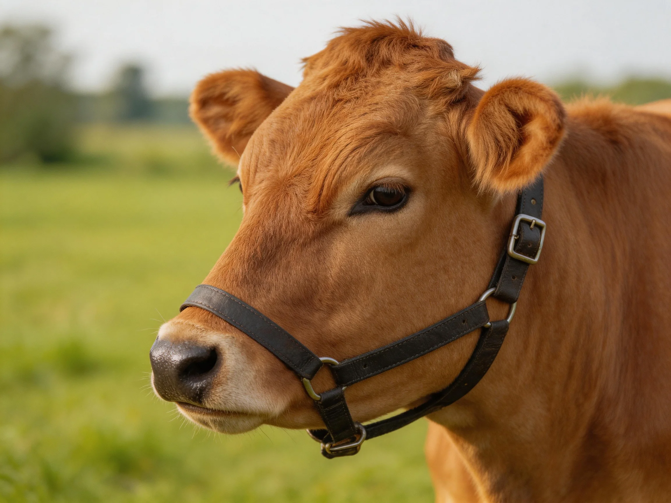 A brown calf wearing a black halter in a green pasture