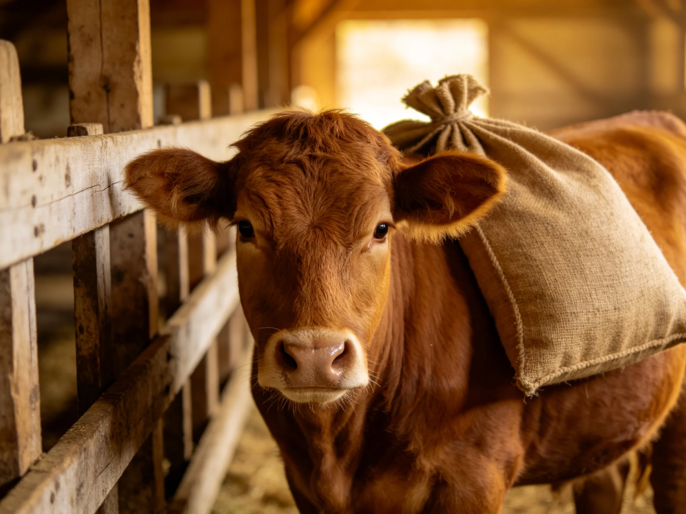 A brown calf with a burlap sack in a wooden barn
