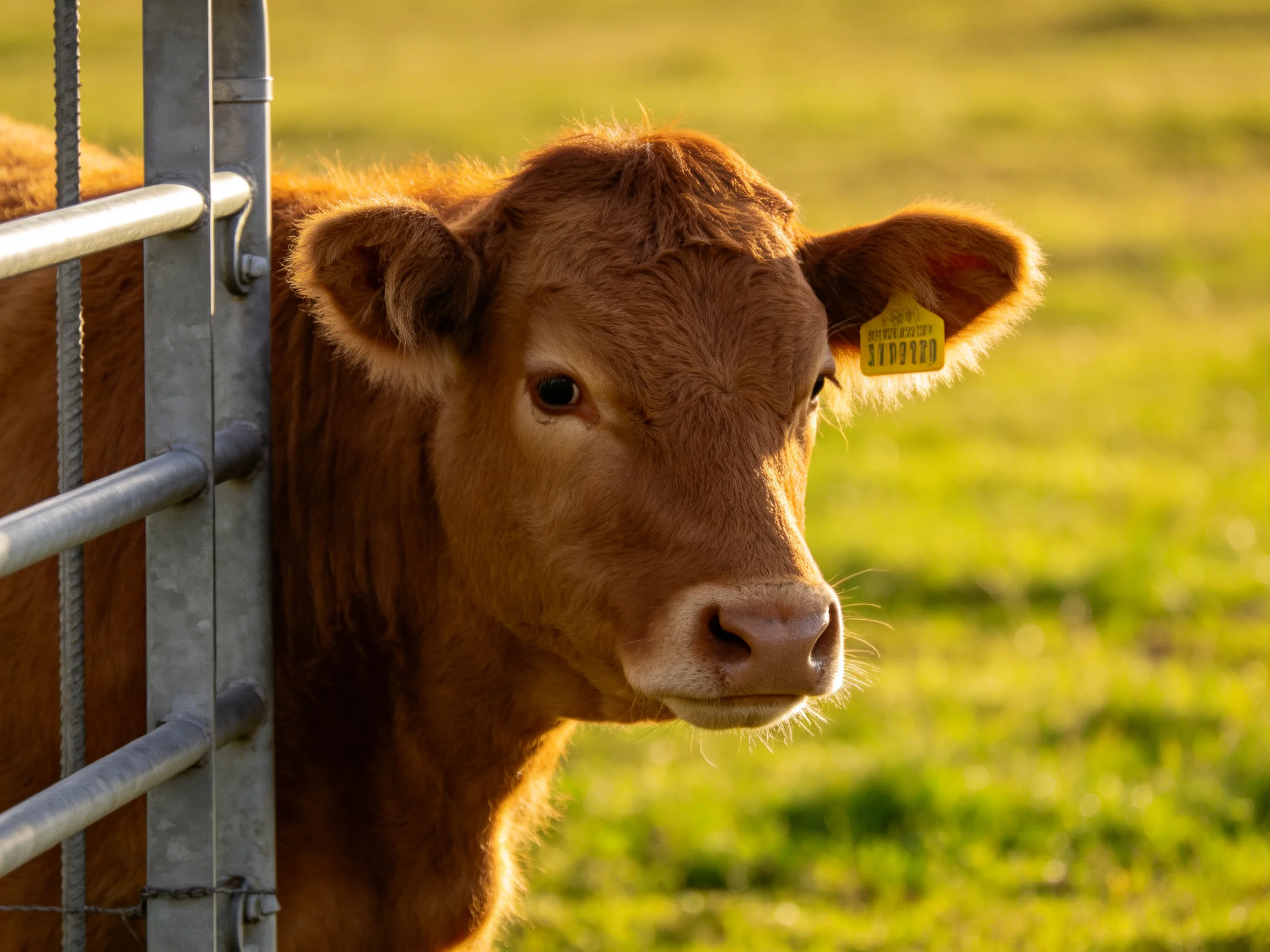 A brown calf with an ear tag stands beside a metal fence in a sunlit green pasture