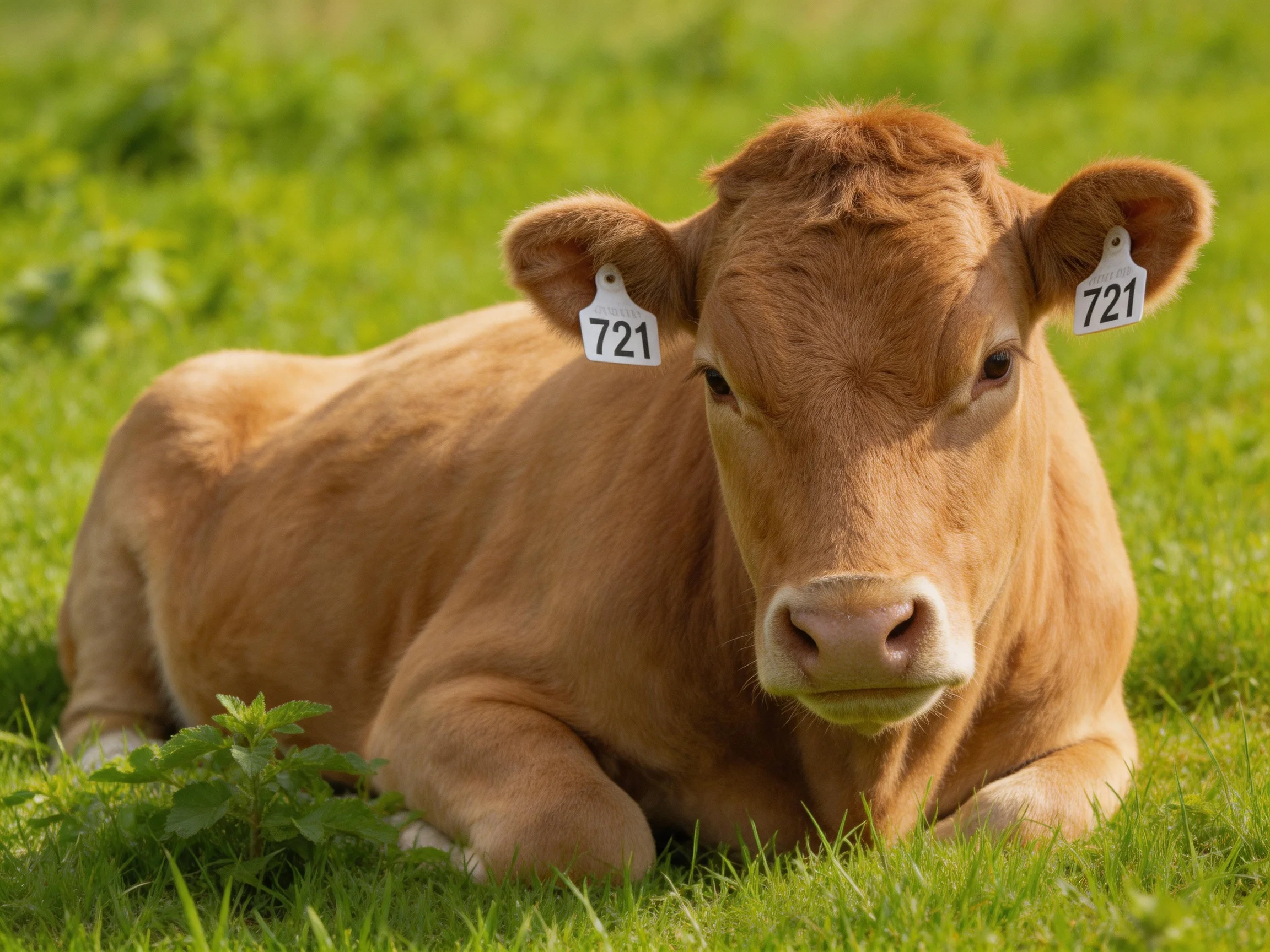A brown calf with numbered ear tags rests on lush green grass