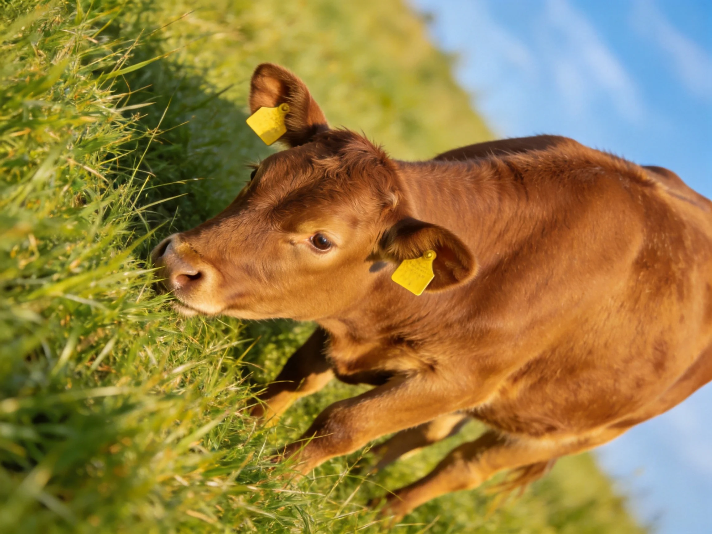 A brown calf with yellow ear tags grazing in lush green grass
