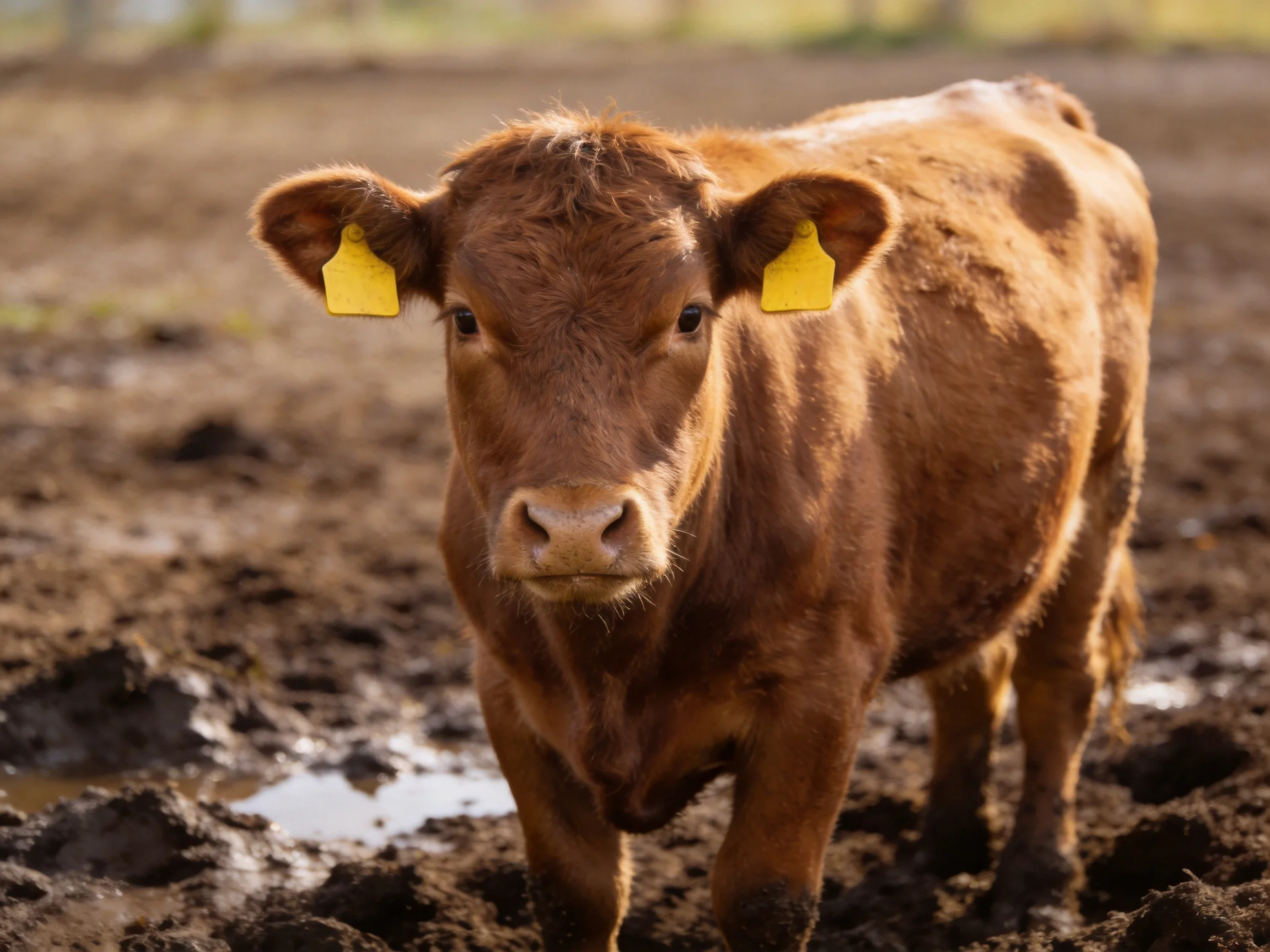 A brown calf with yellow ear tags stands in a muddy pasture