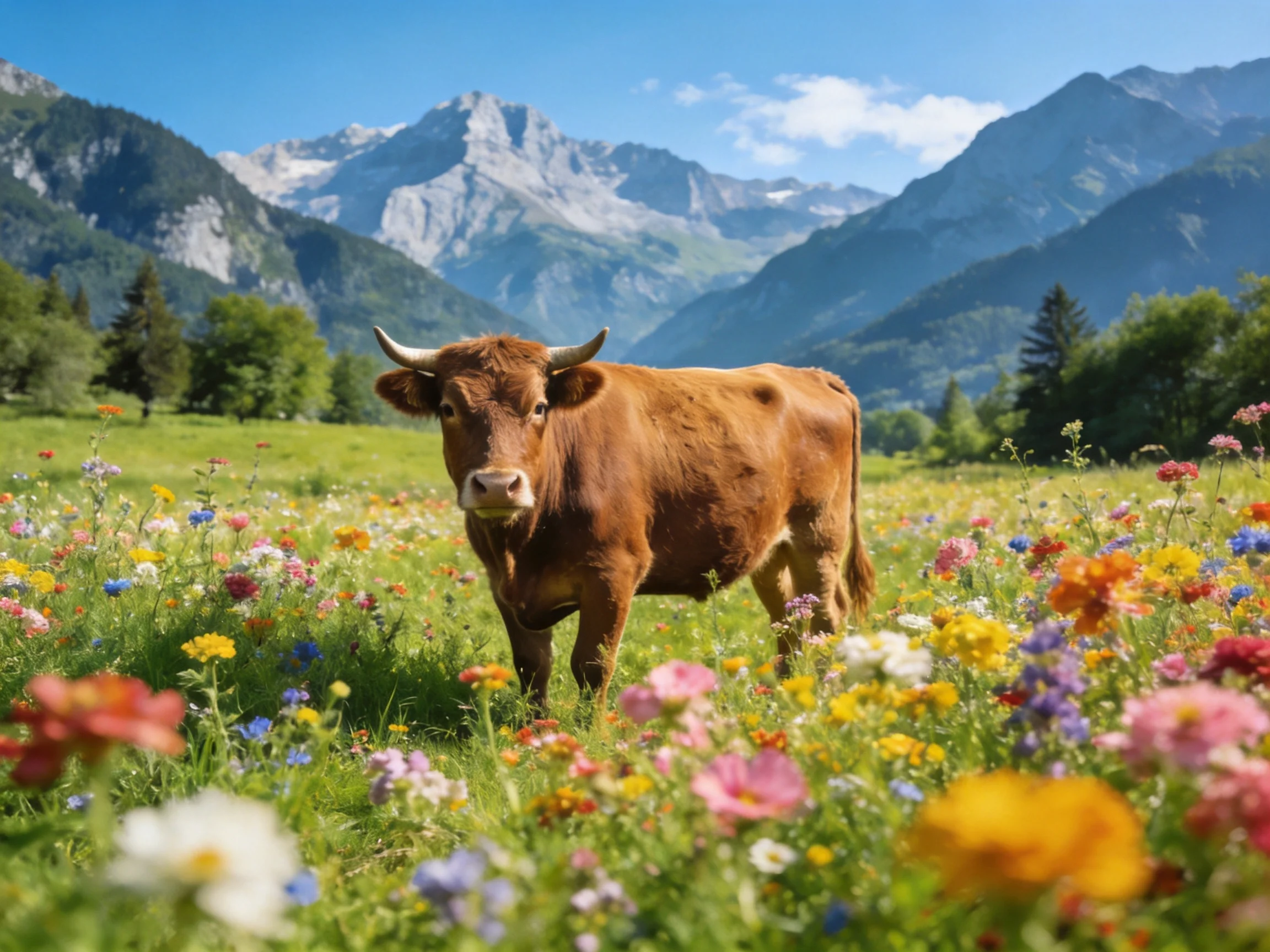 A brown cow amid colorful wildflowers near mountain peaks