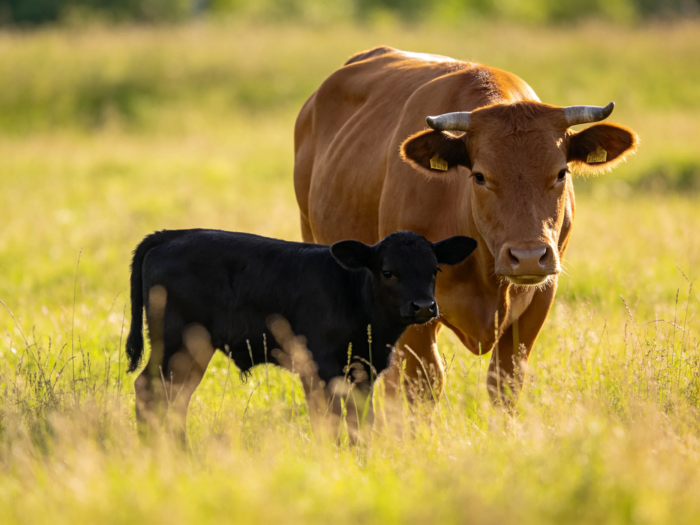 A brown cow stands beside a black calf in a sunlit meadow