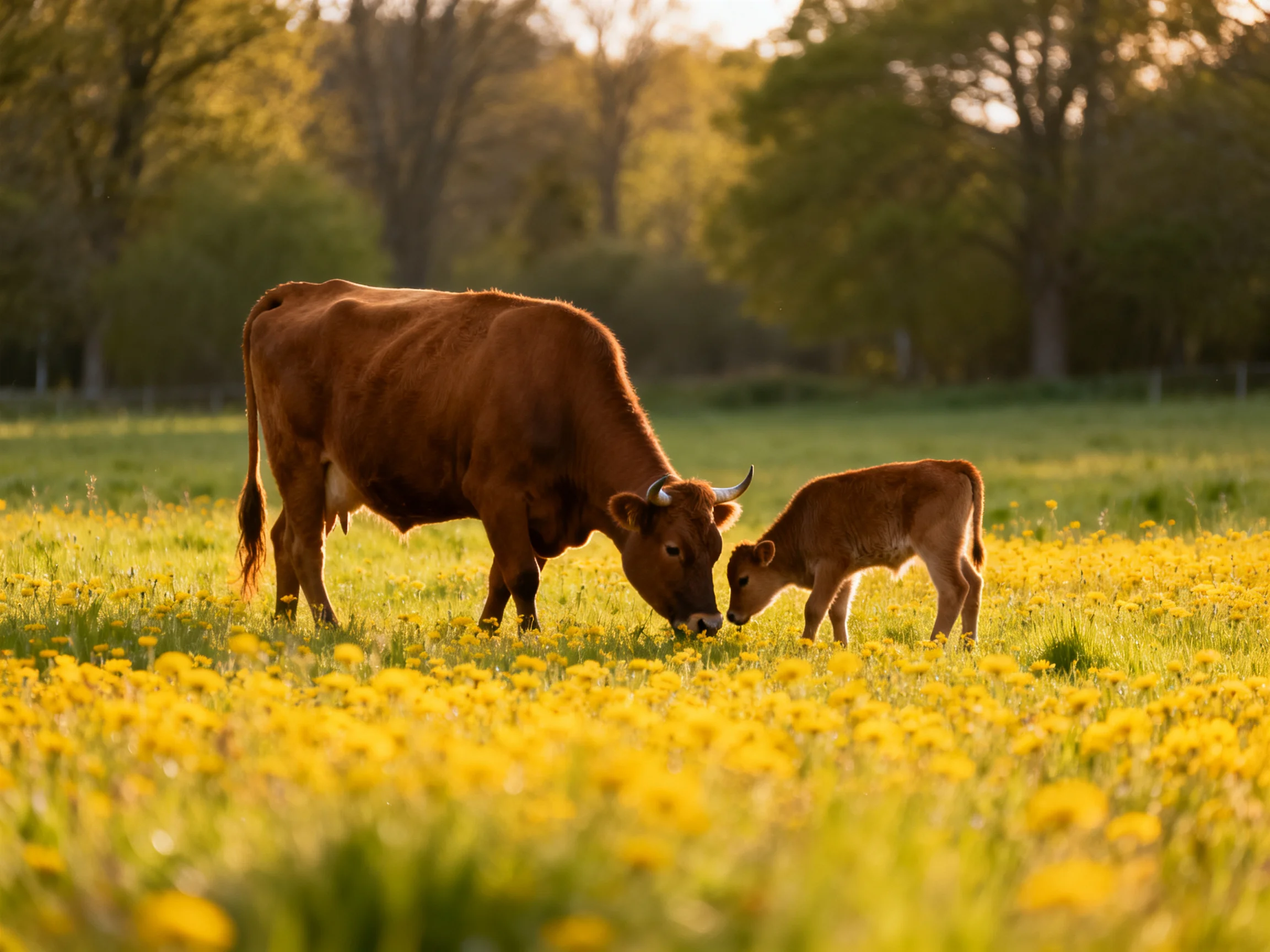 A brown cow and calf graze in a golden-flowered meadow