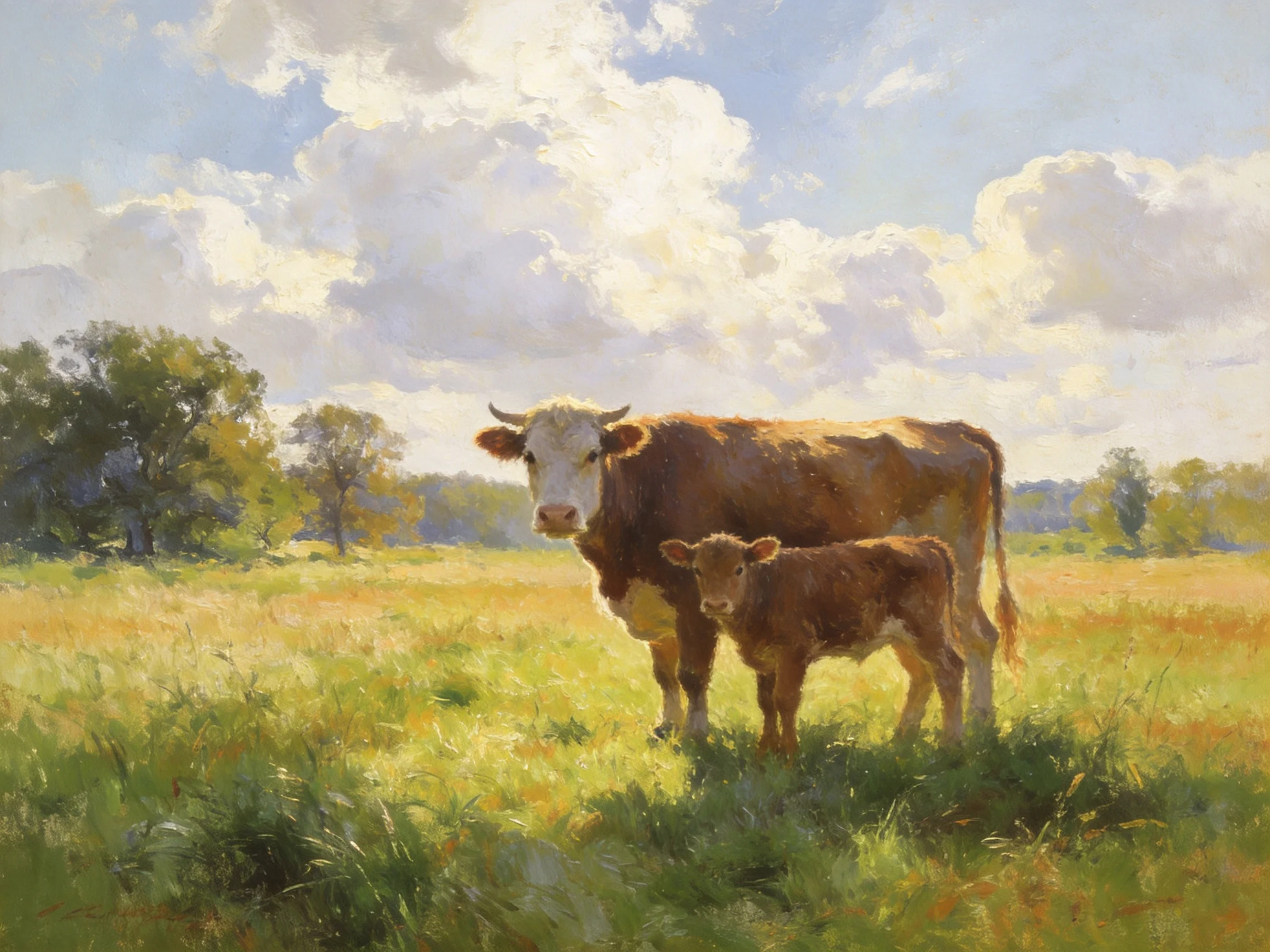 A brown cow and calf in a sunlit green meadow with fluffy clouds