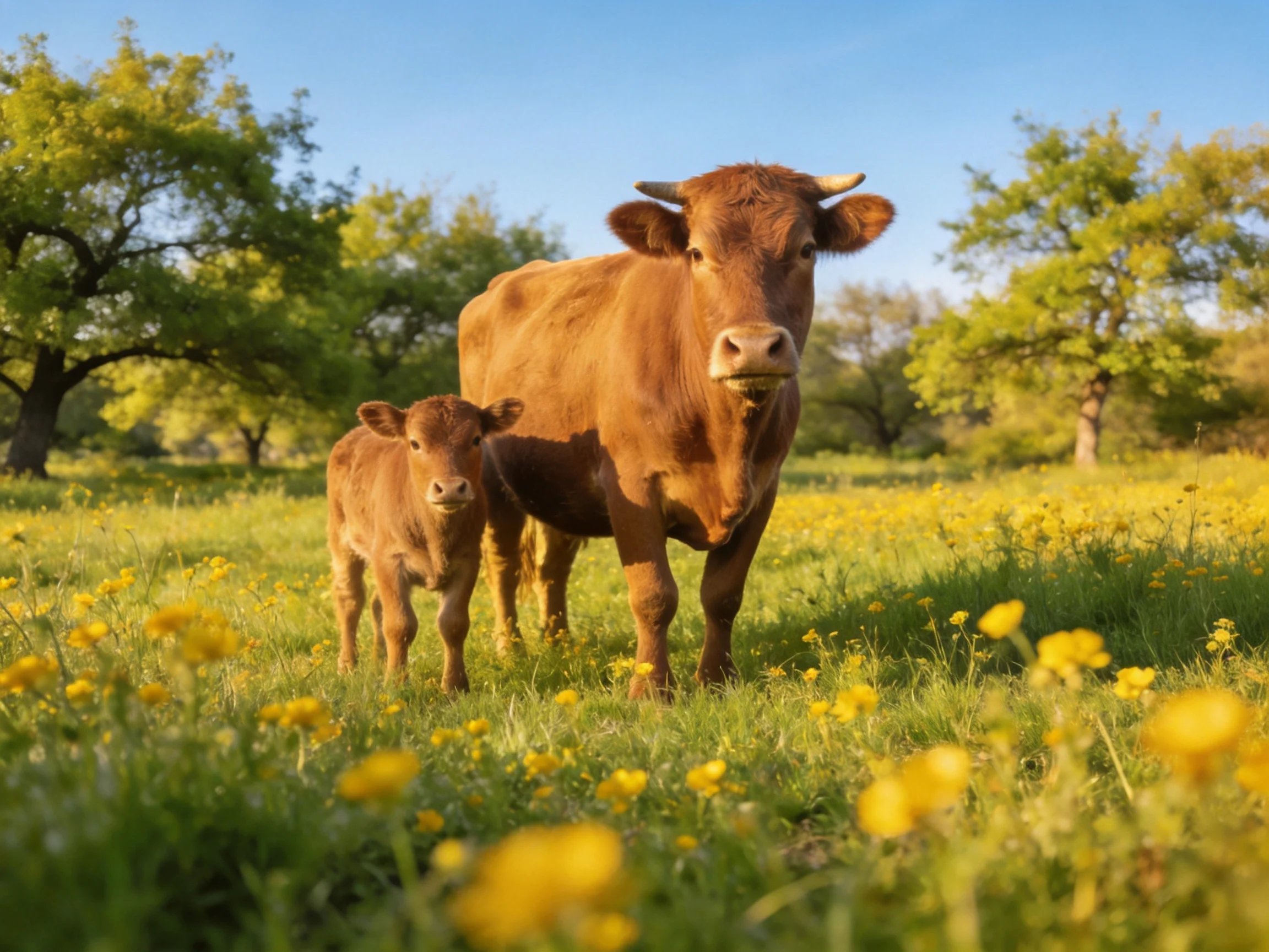 A brown cow and her calf in a yellow-flowered green meadow