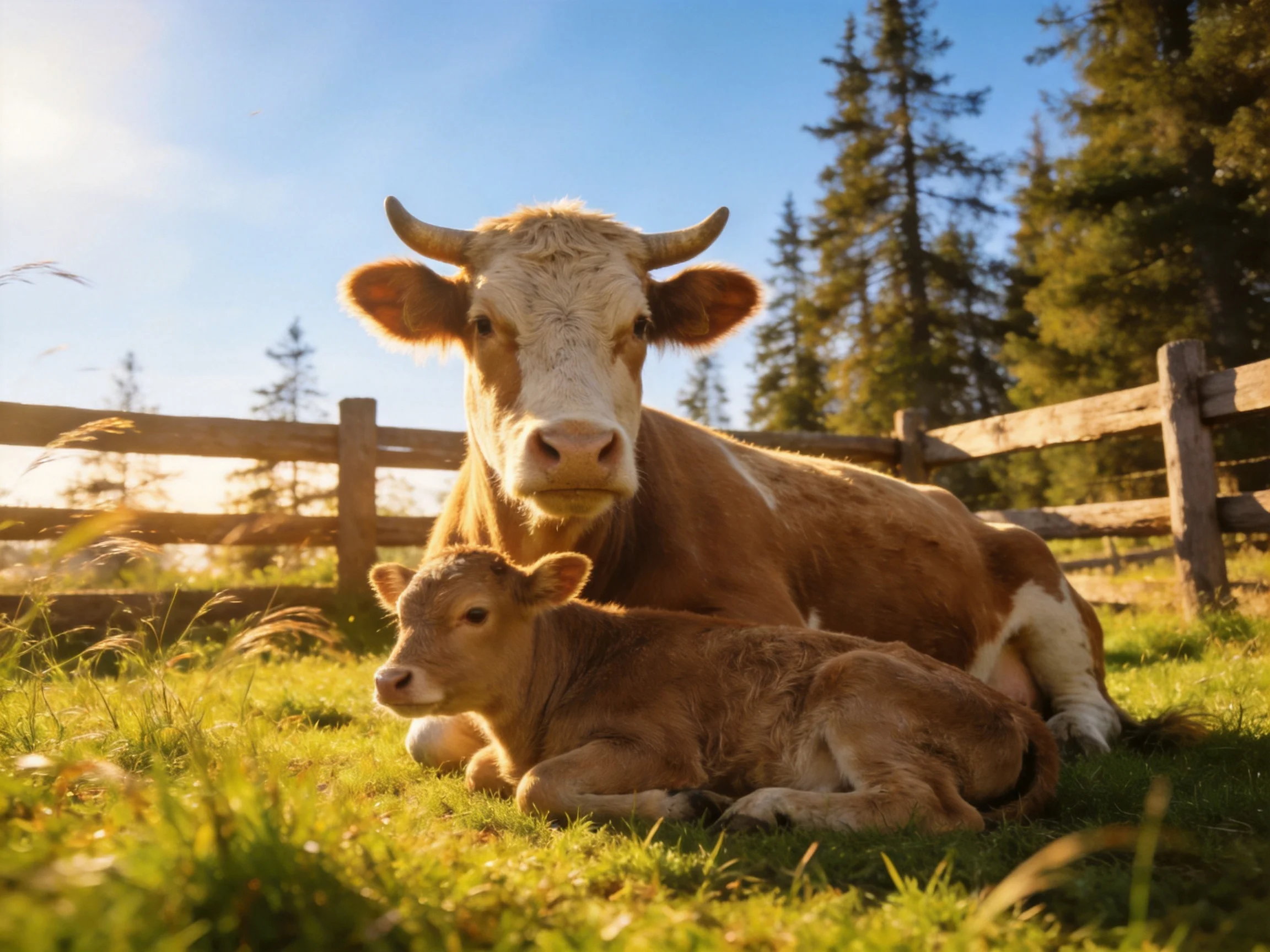 A brown cow and her calf rest in a sunlit meadow by a wooden fence