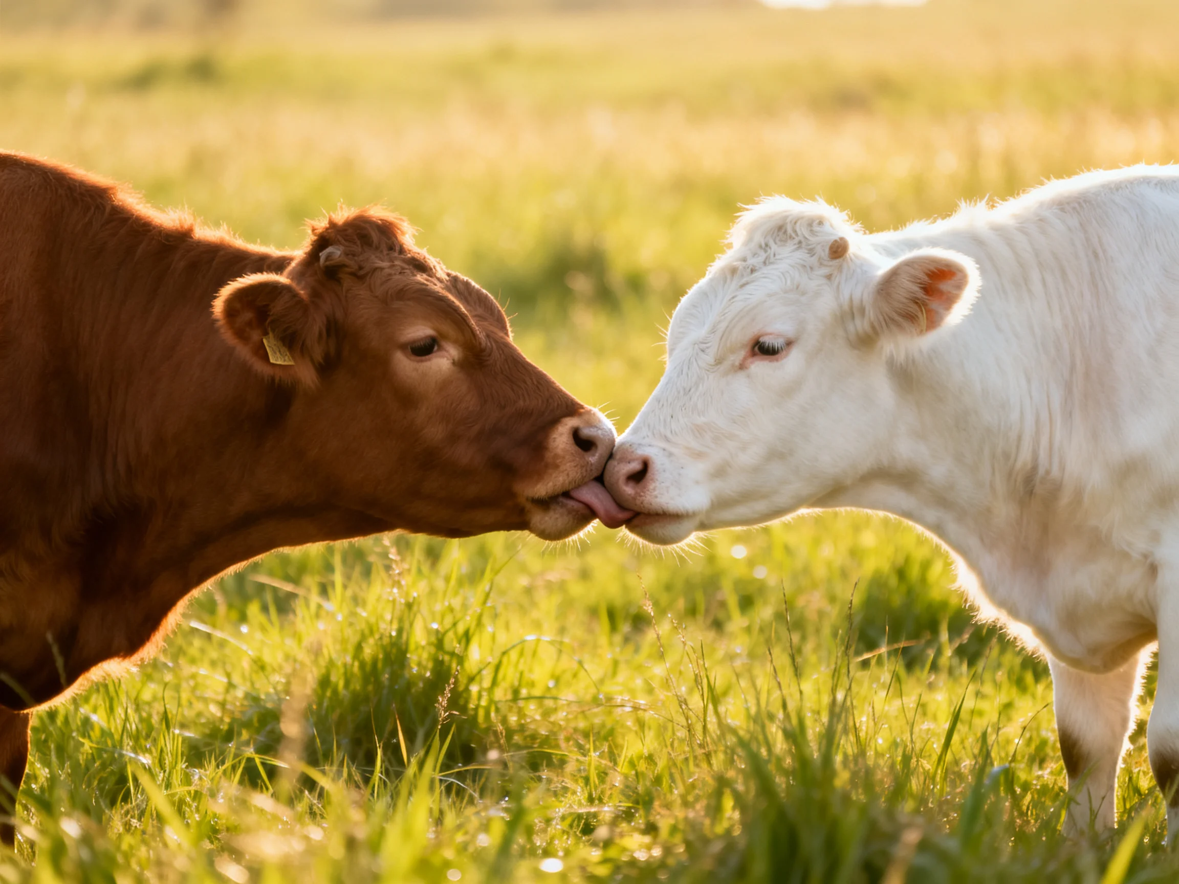 A brown cow and white calf nuzzle in a sunlit green pasture