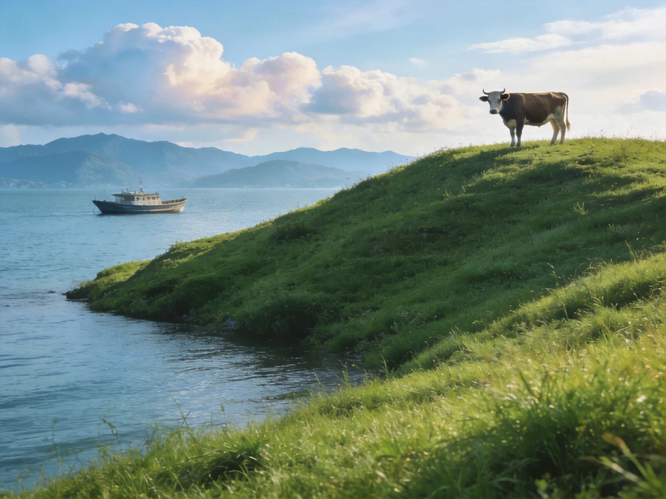 A brown cow atop a lush green hillside by calm blue waters