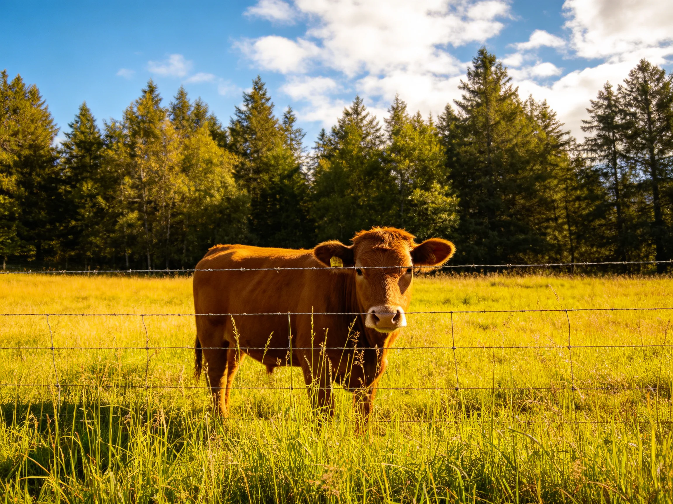 A brown cow behind a barbed wire fence in a golden meadow
