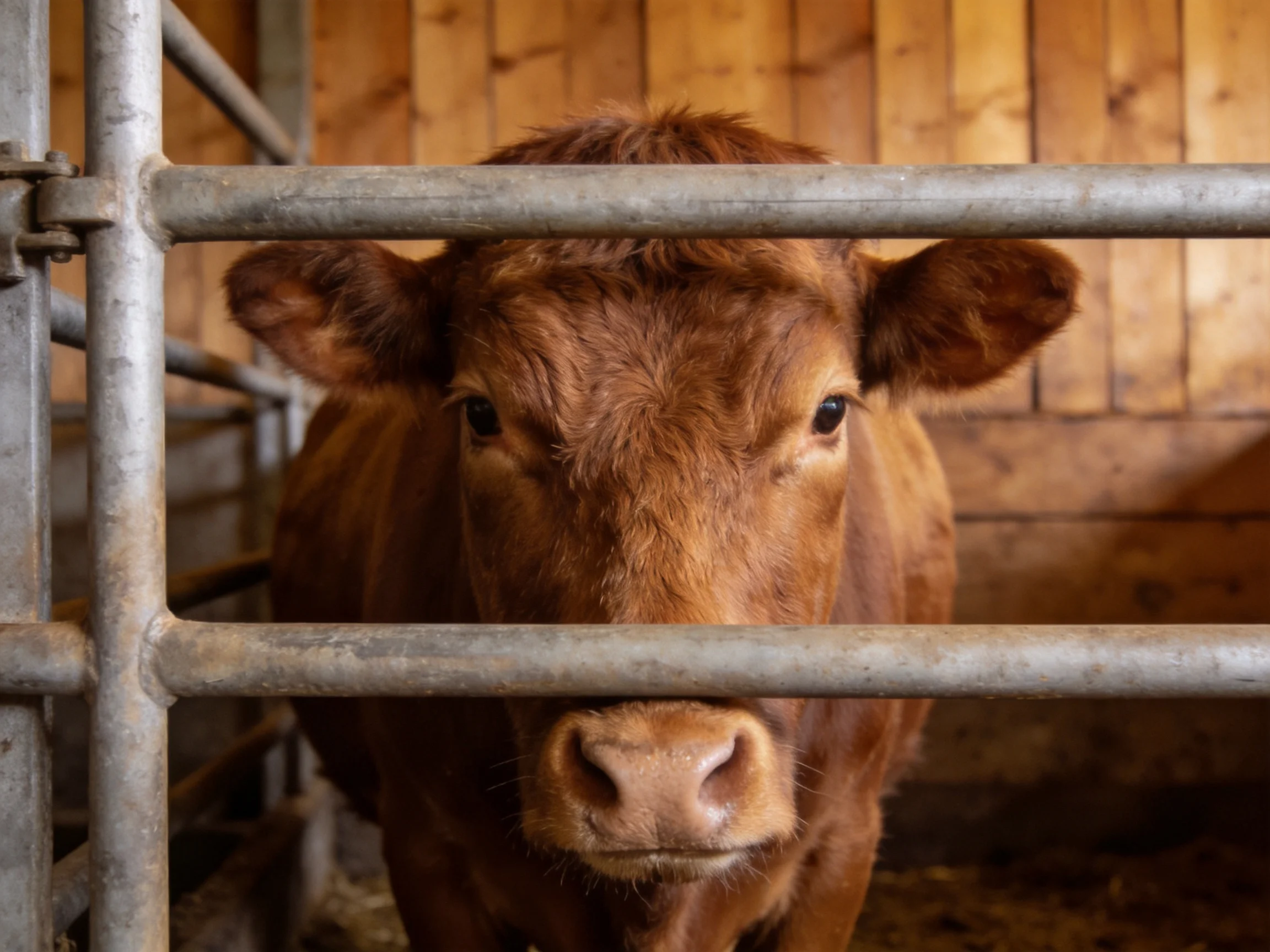 A brown cow behind metal bars in a wooden barn stall