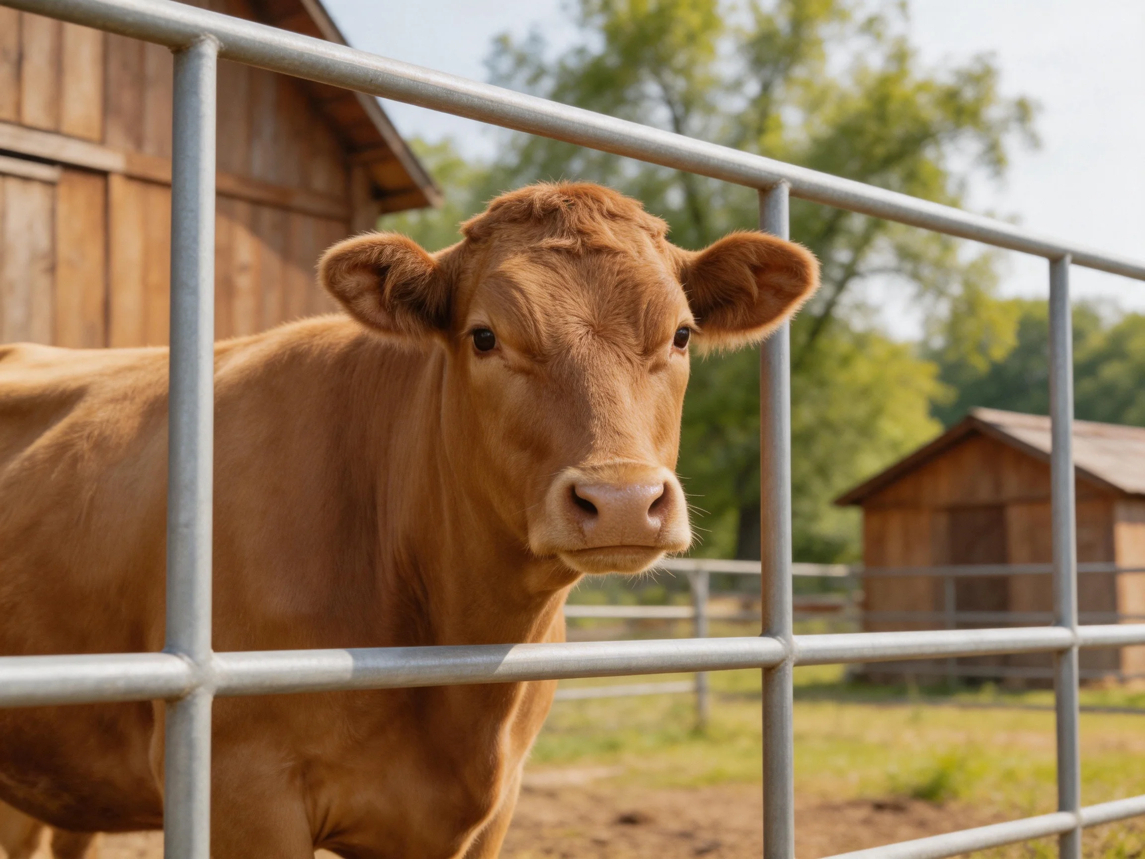 A brown cow behind metal fencing near wooden farm buildings