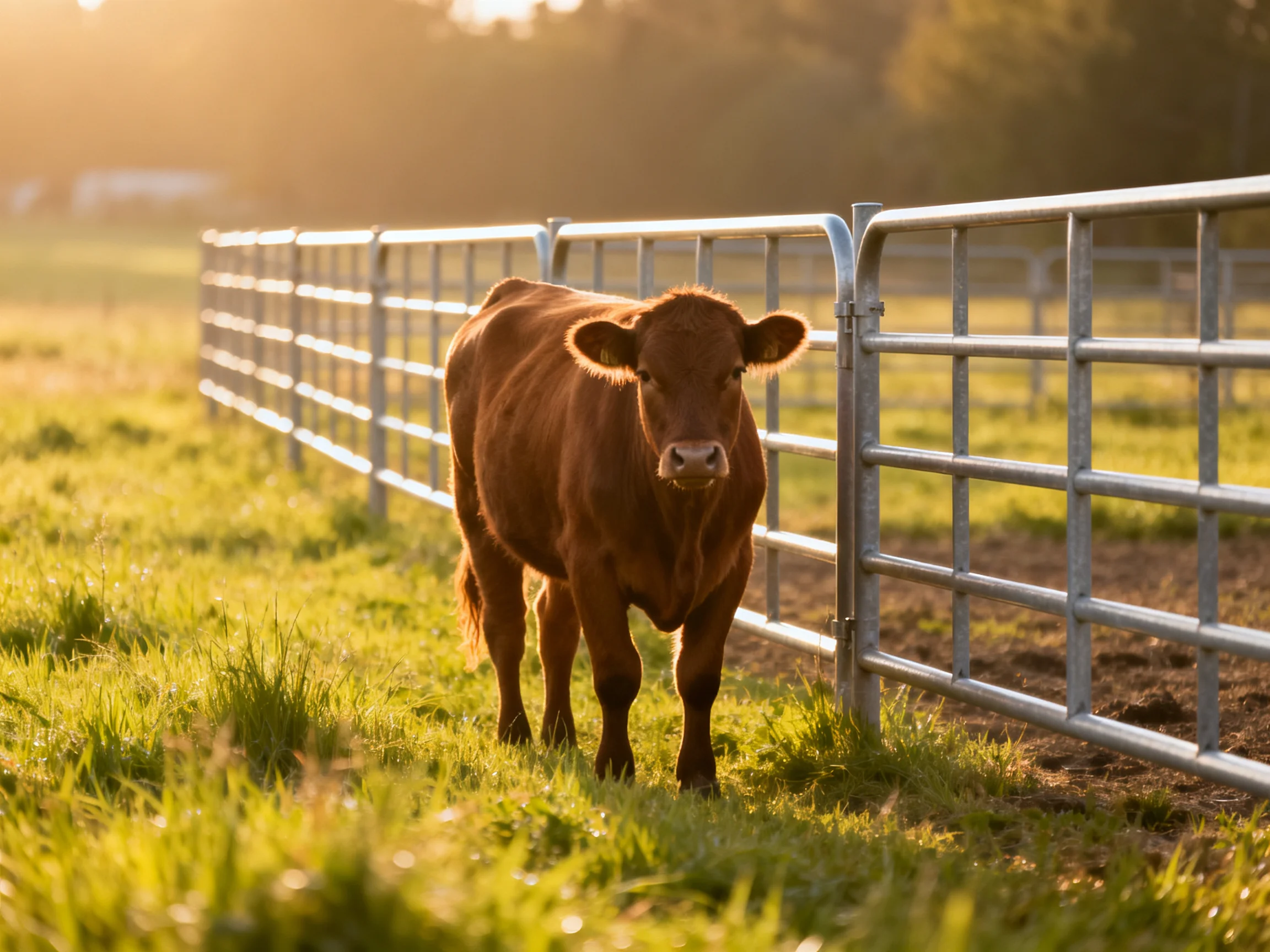 A brown cow beside a silver metal fence in a sunlit pasture