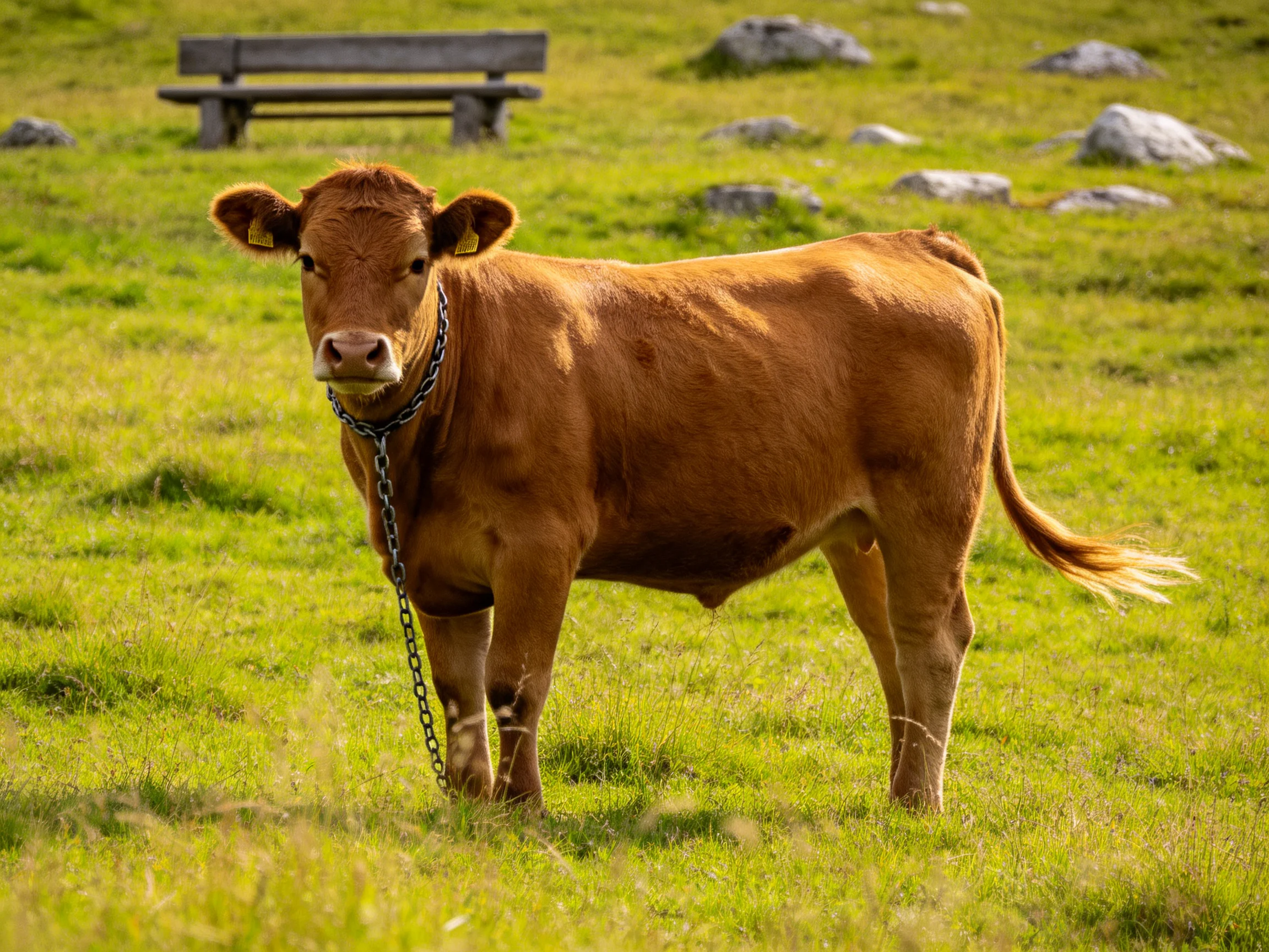 A brown cow chained in a lush green meadow near a wooden bench