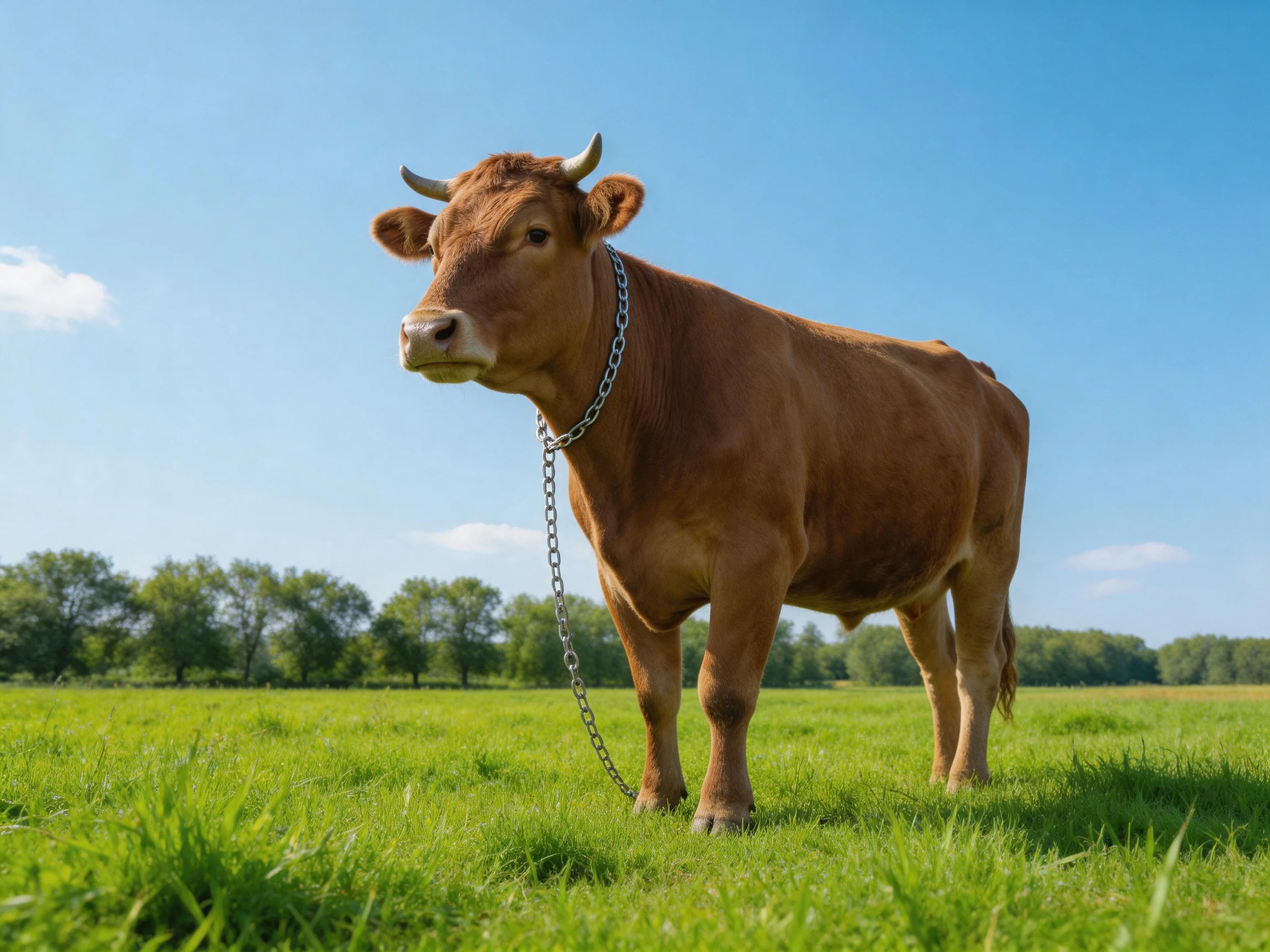 A brown cow chained in a sunlit green pasture