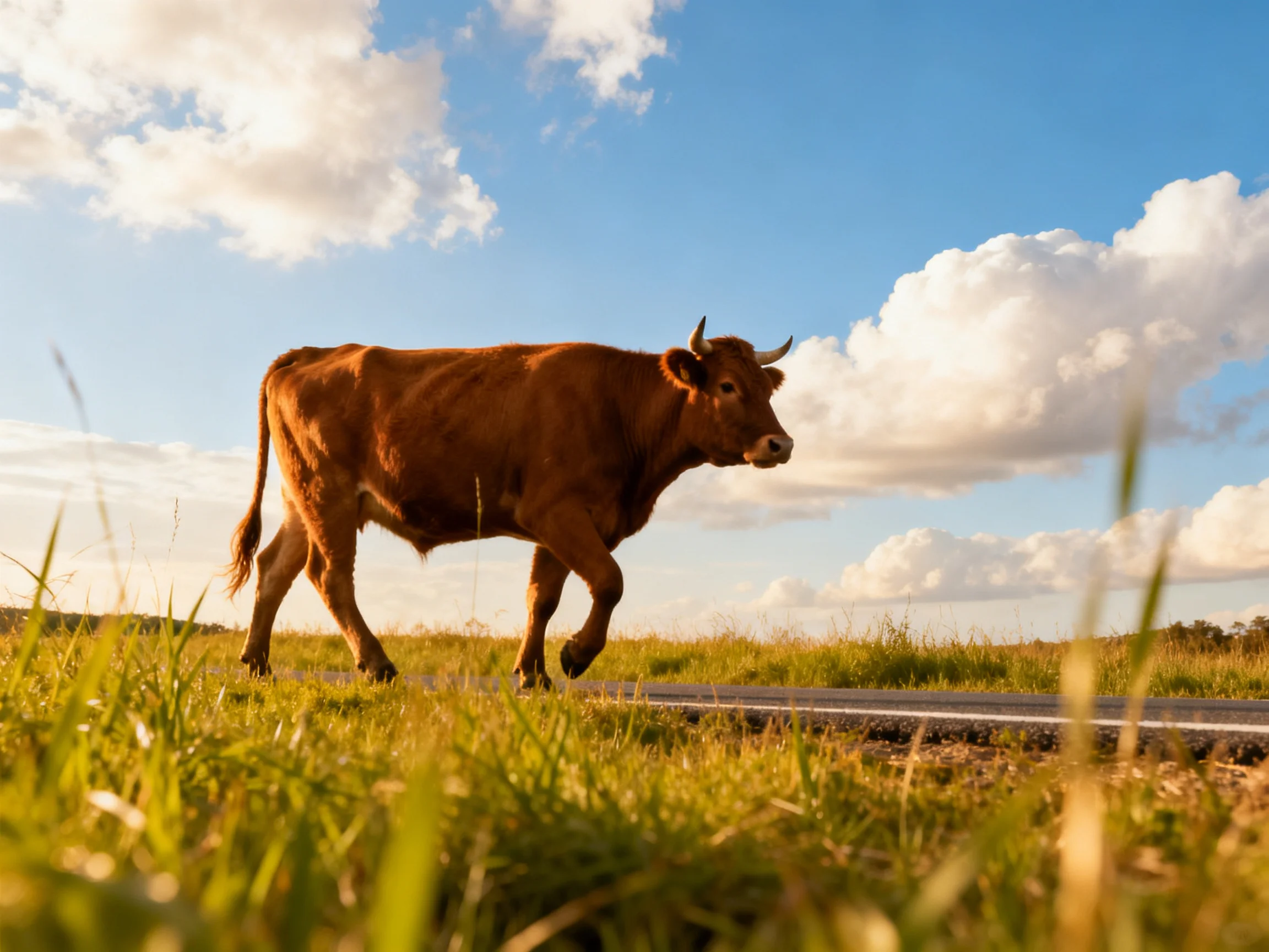 A brown cow crosses a sunlit rural road