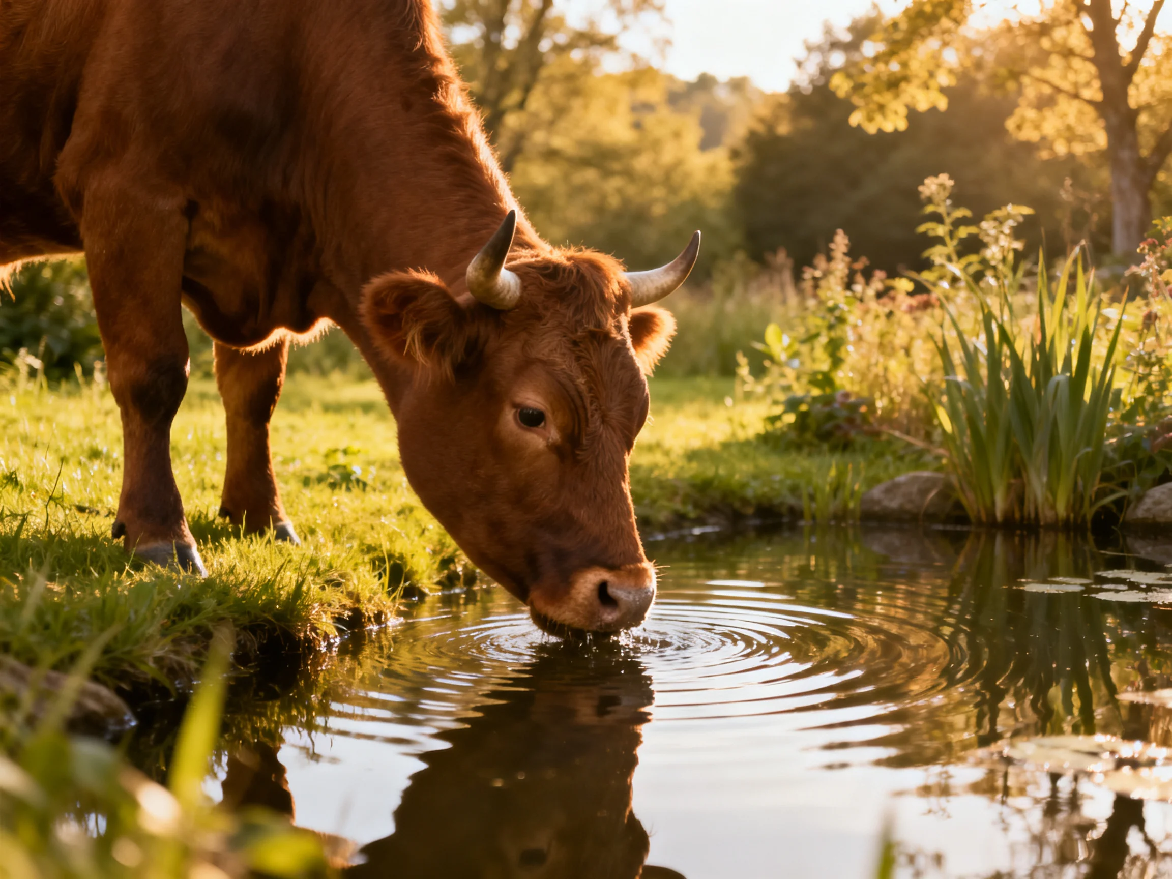 A brown cow drinks from a calm pond in a sunlit meadow