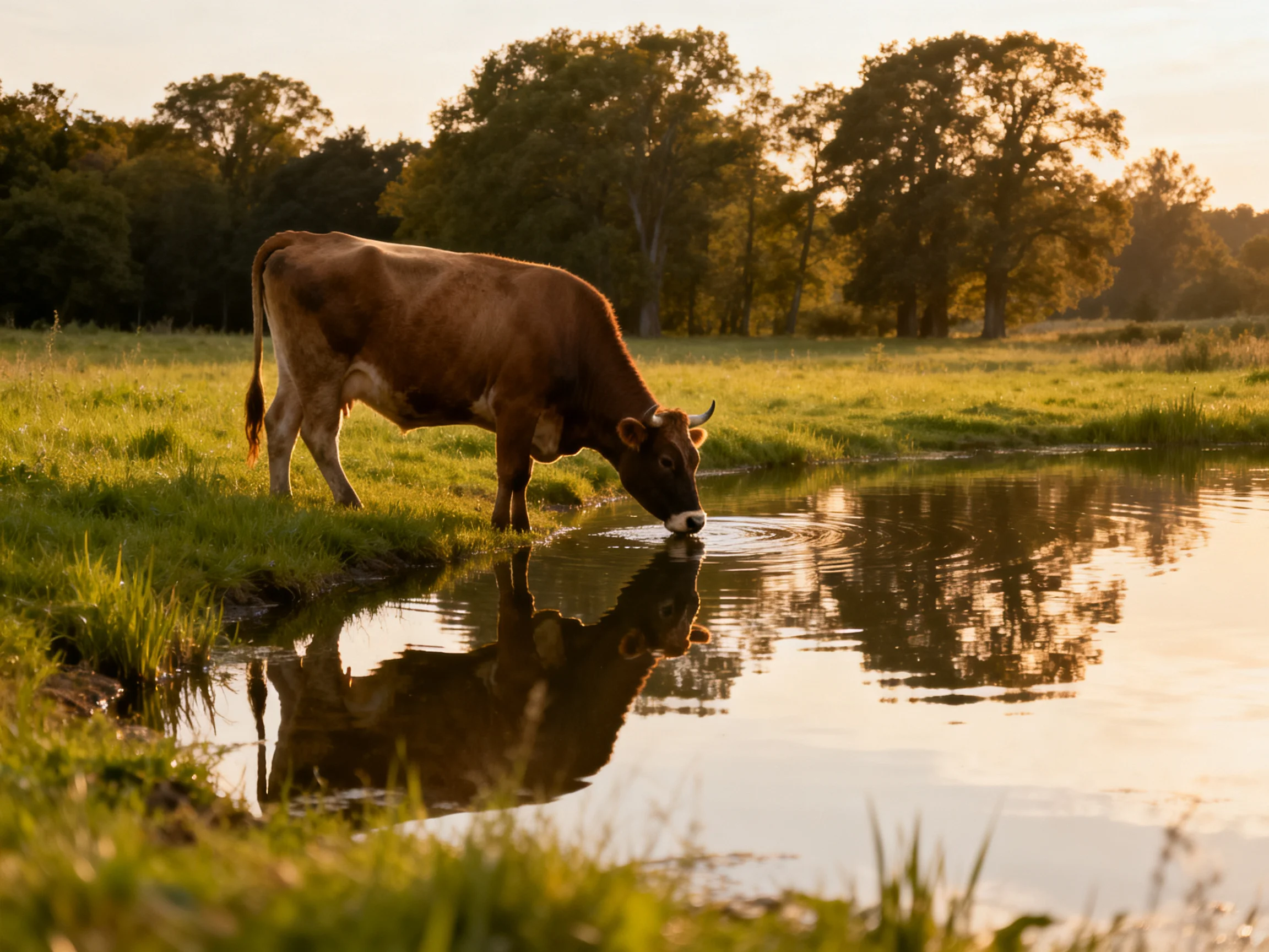 A brown cow drinks from a calm pond near golden trees