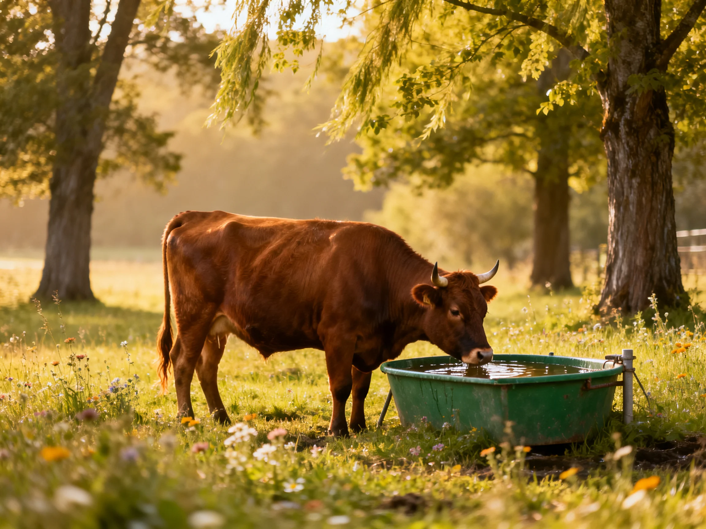A brown cow drinks from a green trough in a sunlit meadow