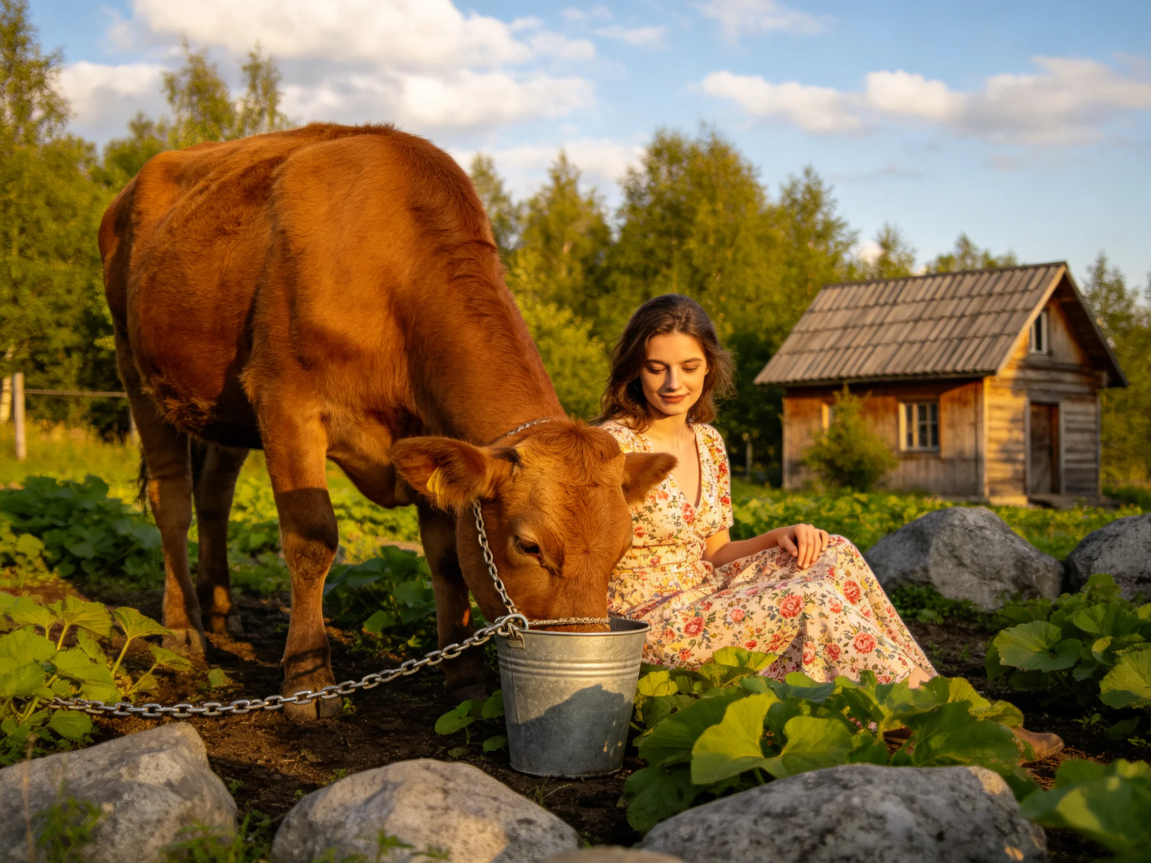 A brown cow drinks from a metal bucket near a woman by a wooden cabin