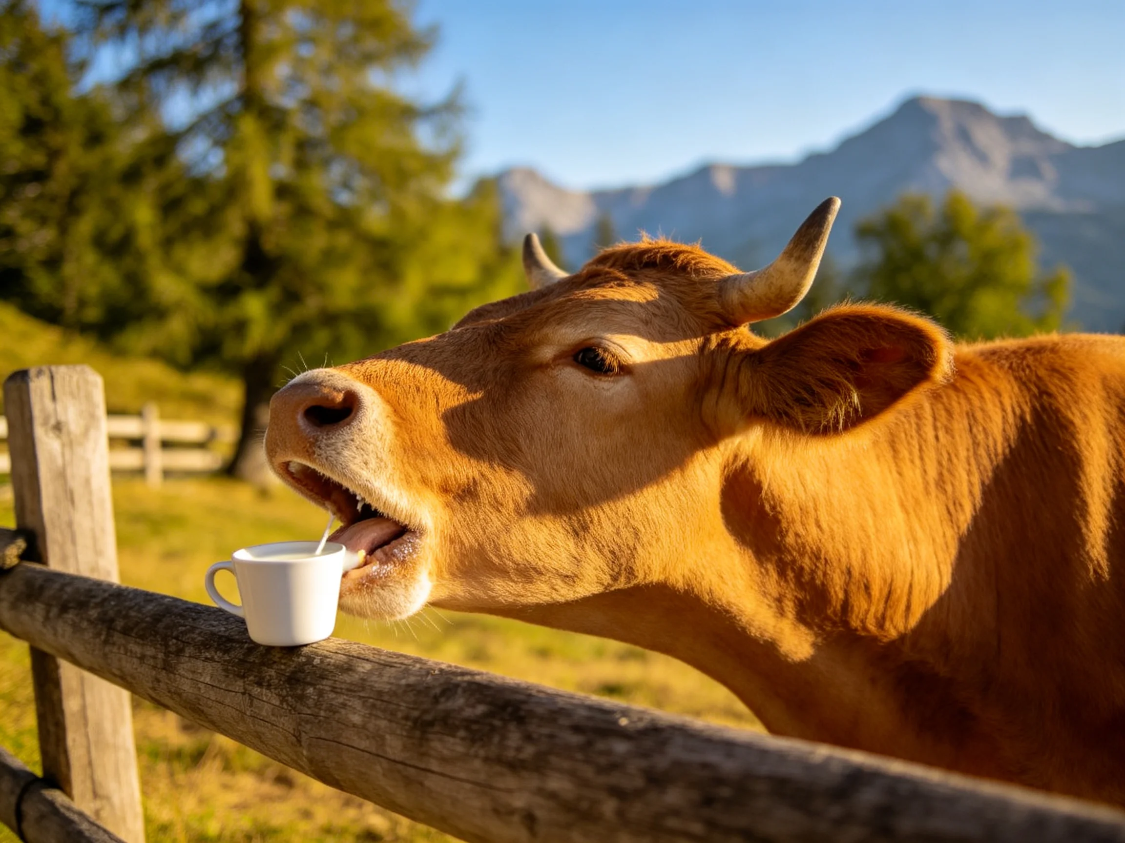 A brown cow drinks milk from a white cup by a wooden fence