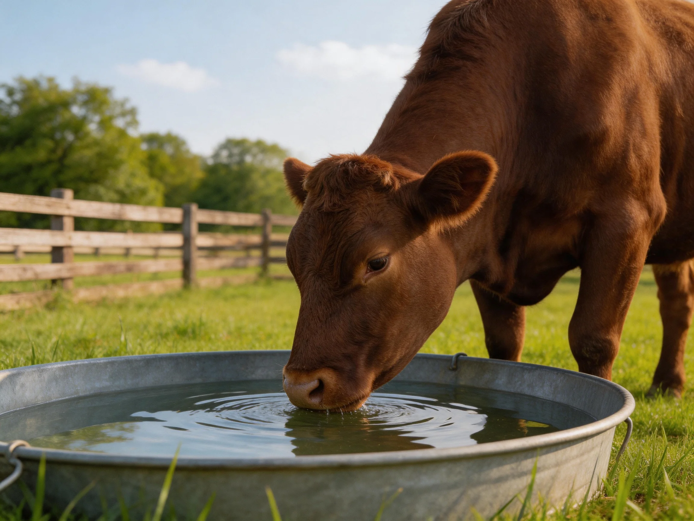 A brown cow drinks water from a galvanized metal trough in a sunny pasture
