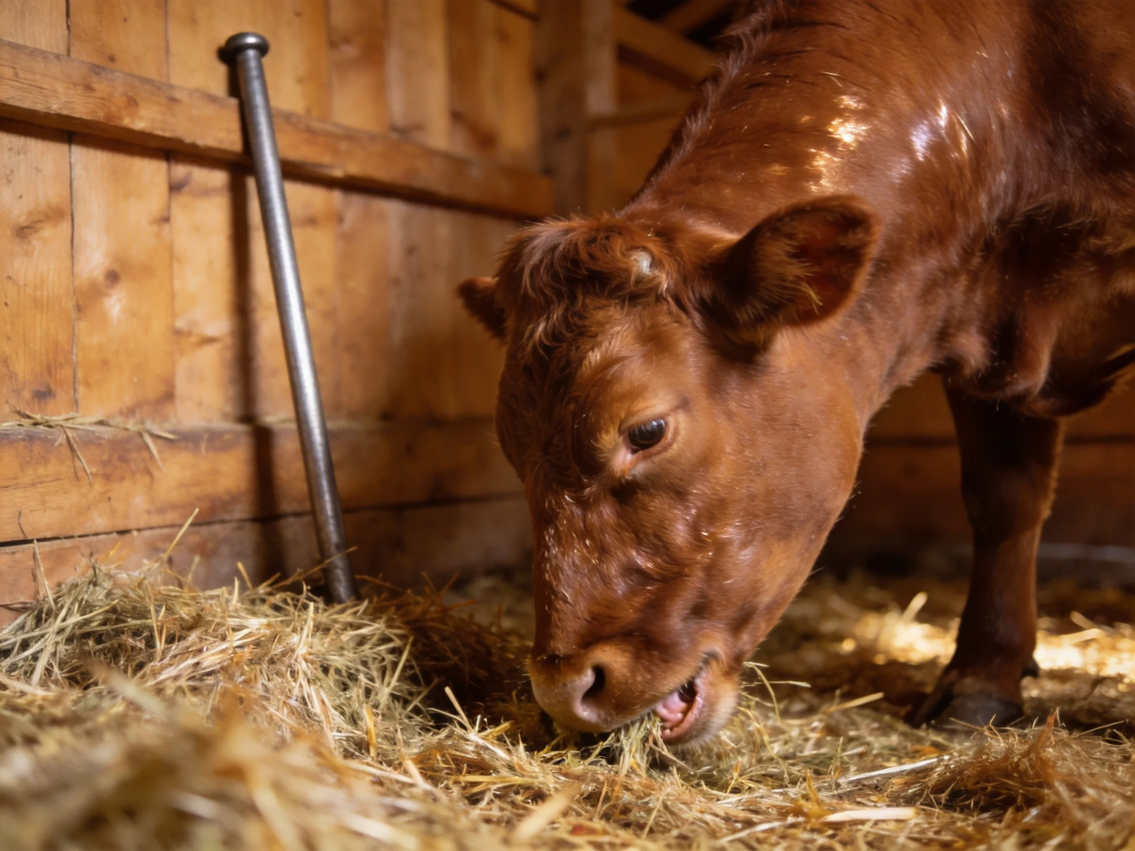 A brown cow eats golden hay in a wooden stable