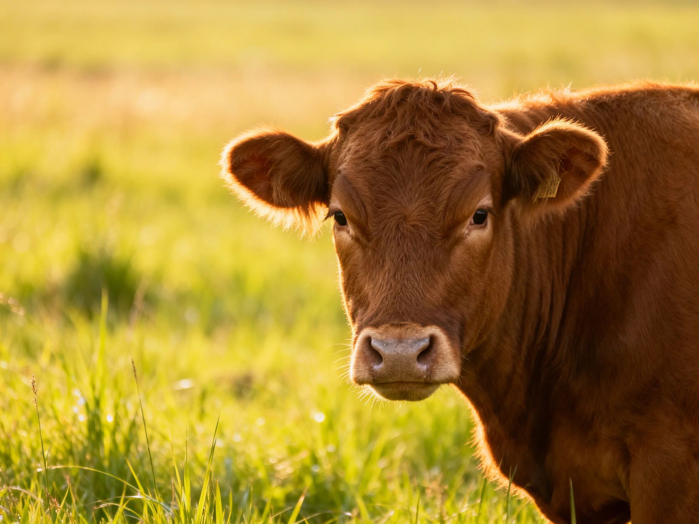 A brown cow gazes from a sunlit green meadow