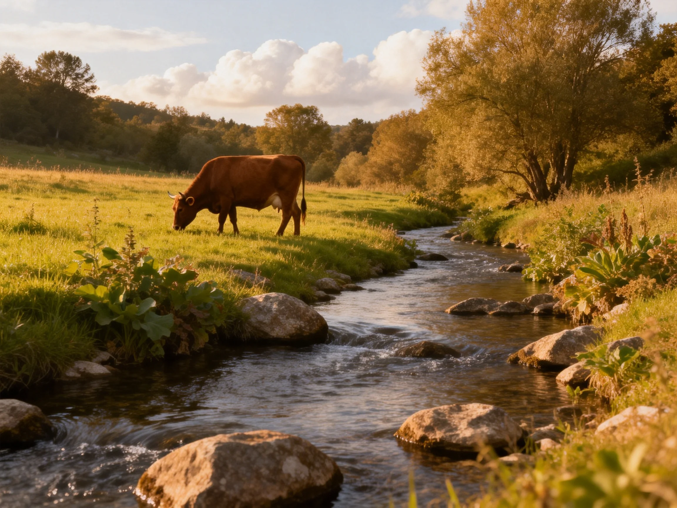 A brown cow grazes near a rocky stream in a sunlit meadow.