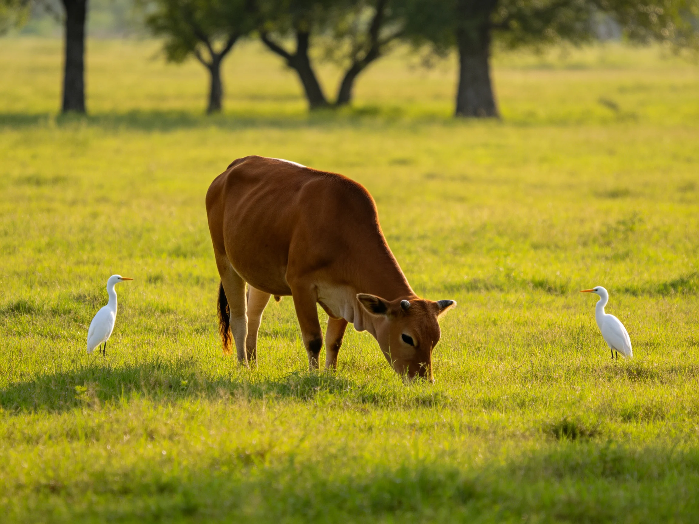 A brown cow grazes beside two white egrets in a sunlit meadow