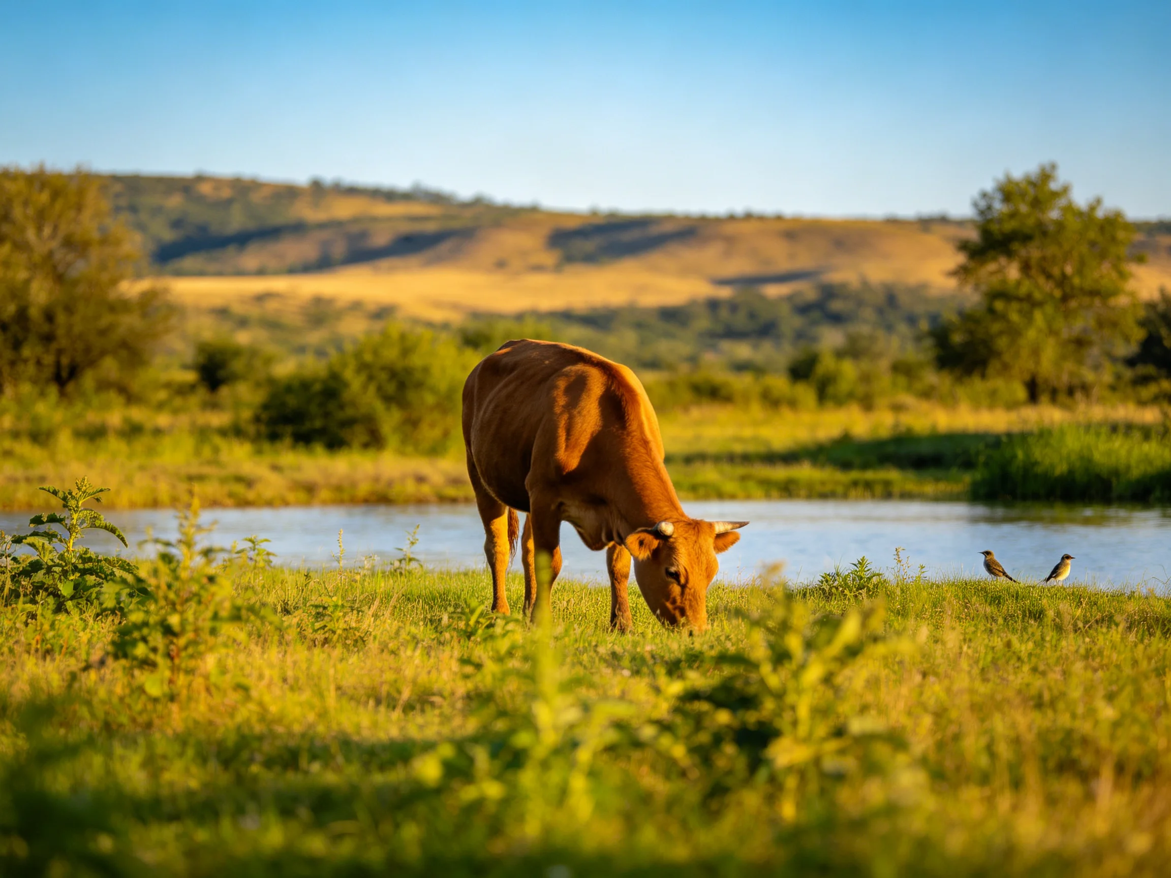 A brown cow grazes by a calm river with rolling green hills