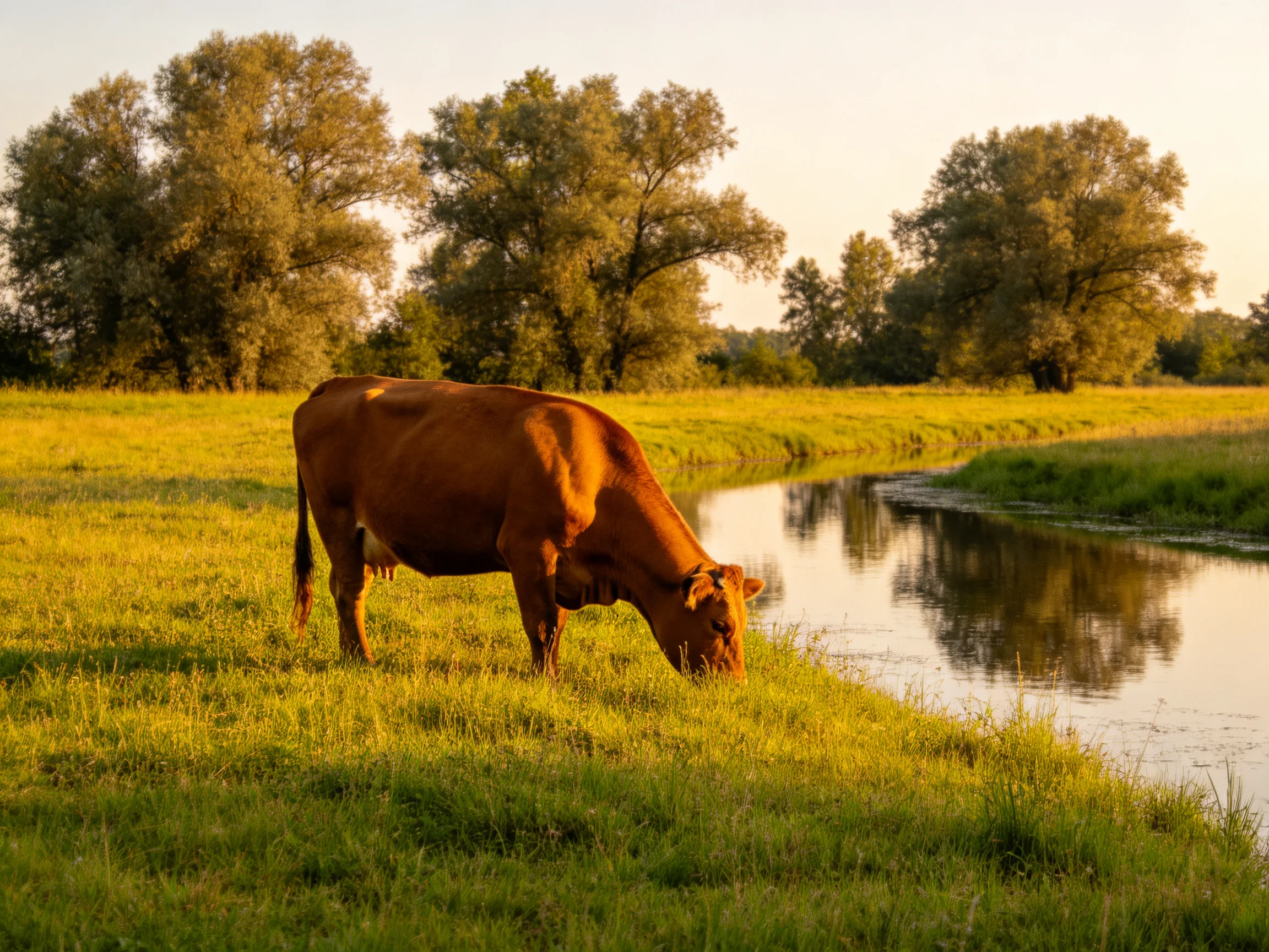 A brown cow grazes by a serene river with lush green meadows
